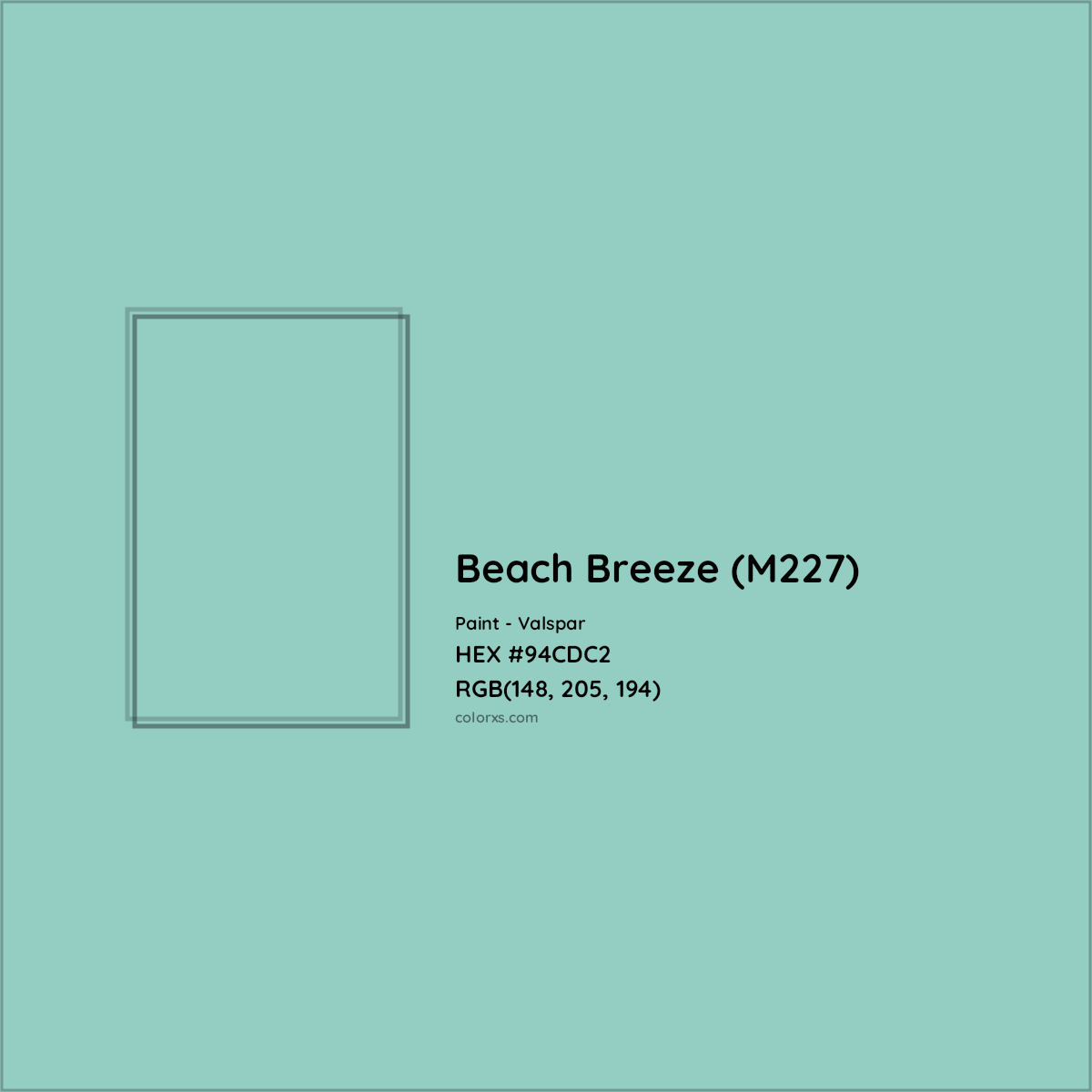 HEX #94CDC2 Beach Breeze (M227) Paint Valspar - Color Code
