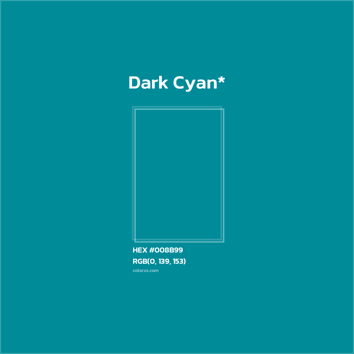 #008B99 hex color. RGB, RYB, CMYK, HSL, HSV codes and color conversions. Matching color names, palettes, paints.