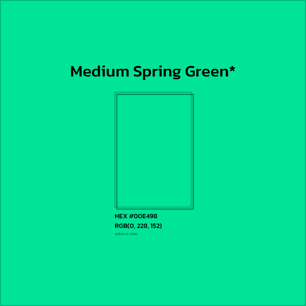 #00E498 hex color. RGB, RYB, CMYK, HSL, HSV codes and color conversions. Matching color names, palettes, paints.