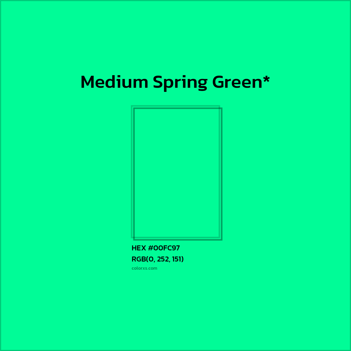 #00FC97 hex color. RGB, RYB, CMYK, HSL, HSV codes and color conversions. Matching color names, palettes, paints.