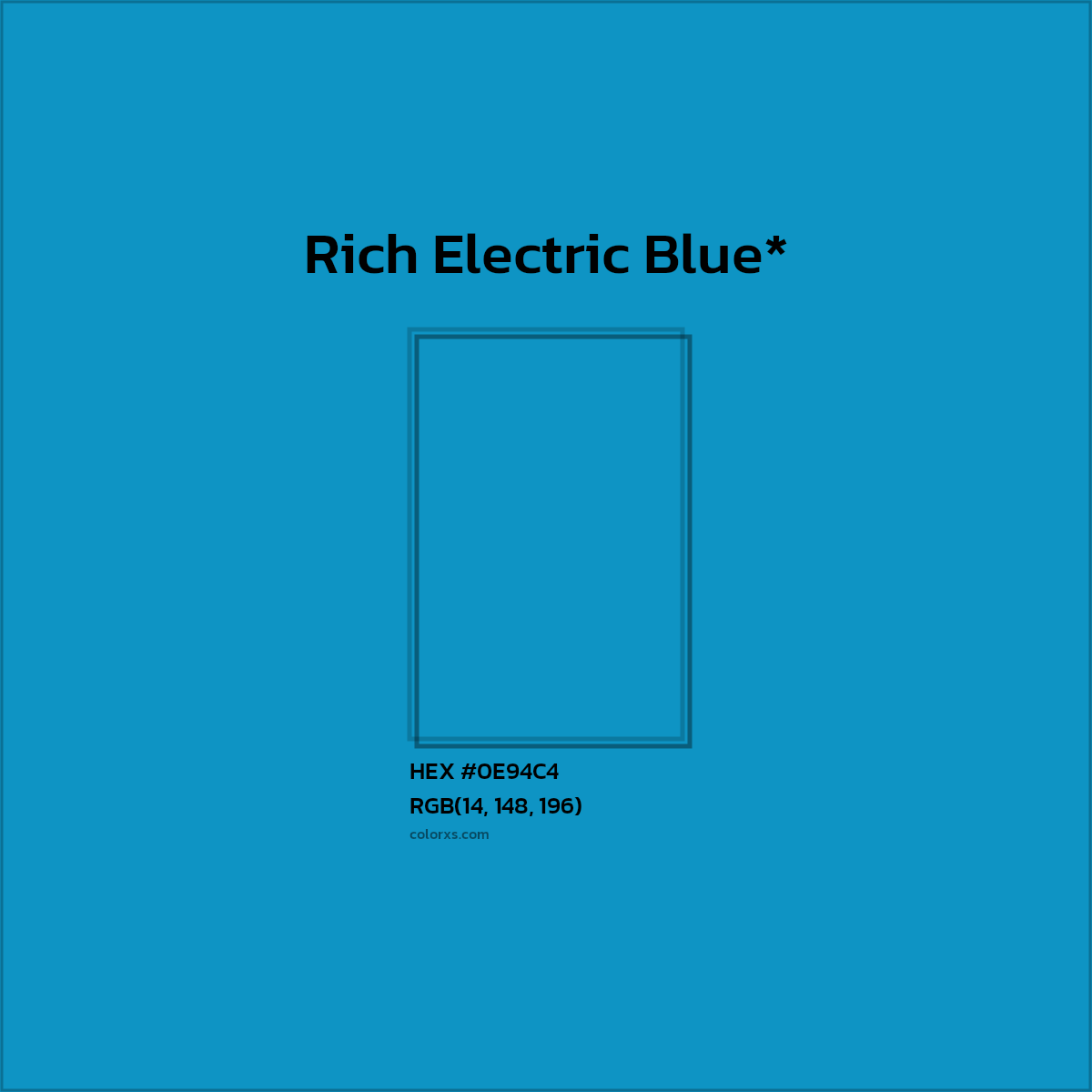 #0E94C4 hex color. RGB, RYB, CMYK, HSL, HSV codes and color conversions. Matching color names, palettes, paints.