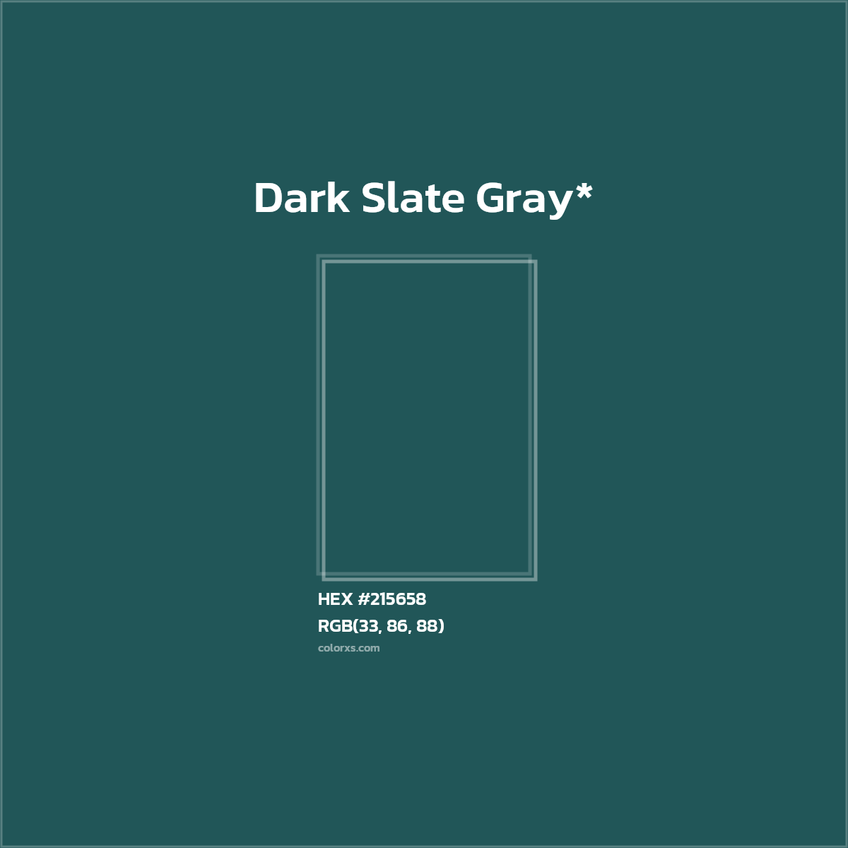 #215658 hex color. RGB, RYB, CMYK, HSL, HSV codes and color conversions. Matching color names, palettes, paints.