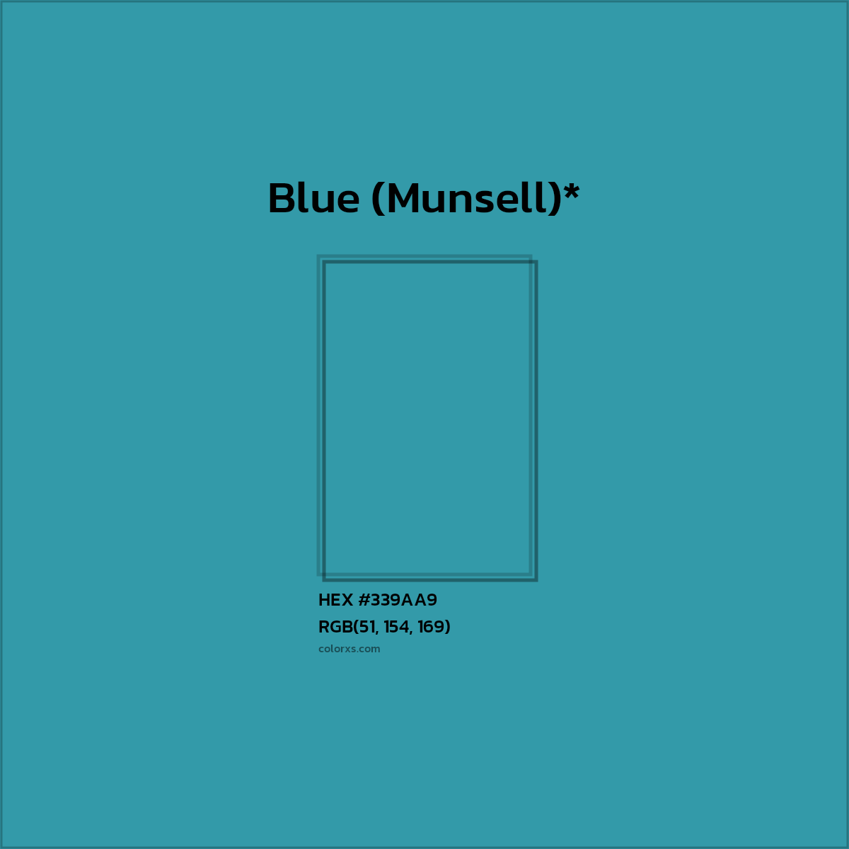 #339AA9 hex color. RGB, RYB, CMYK, HSL, HSV codes and color conversions. Matching color names, palettes, paints.