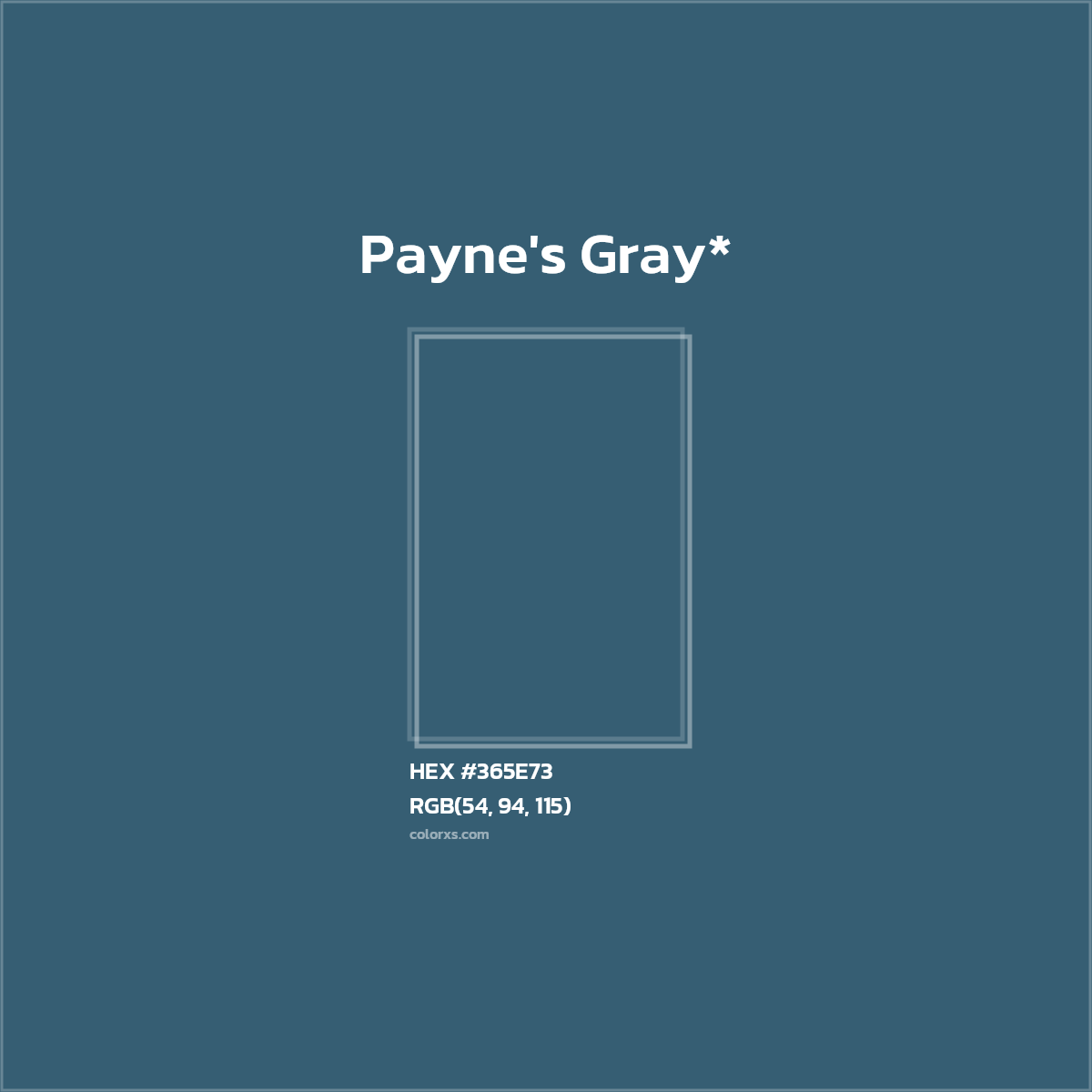 #365E73 hex color. RGB, RYB, CMYK, HSL, HSV codes and color conversions. Matching color names, palettes, paints.