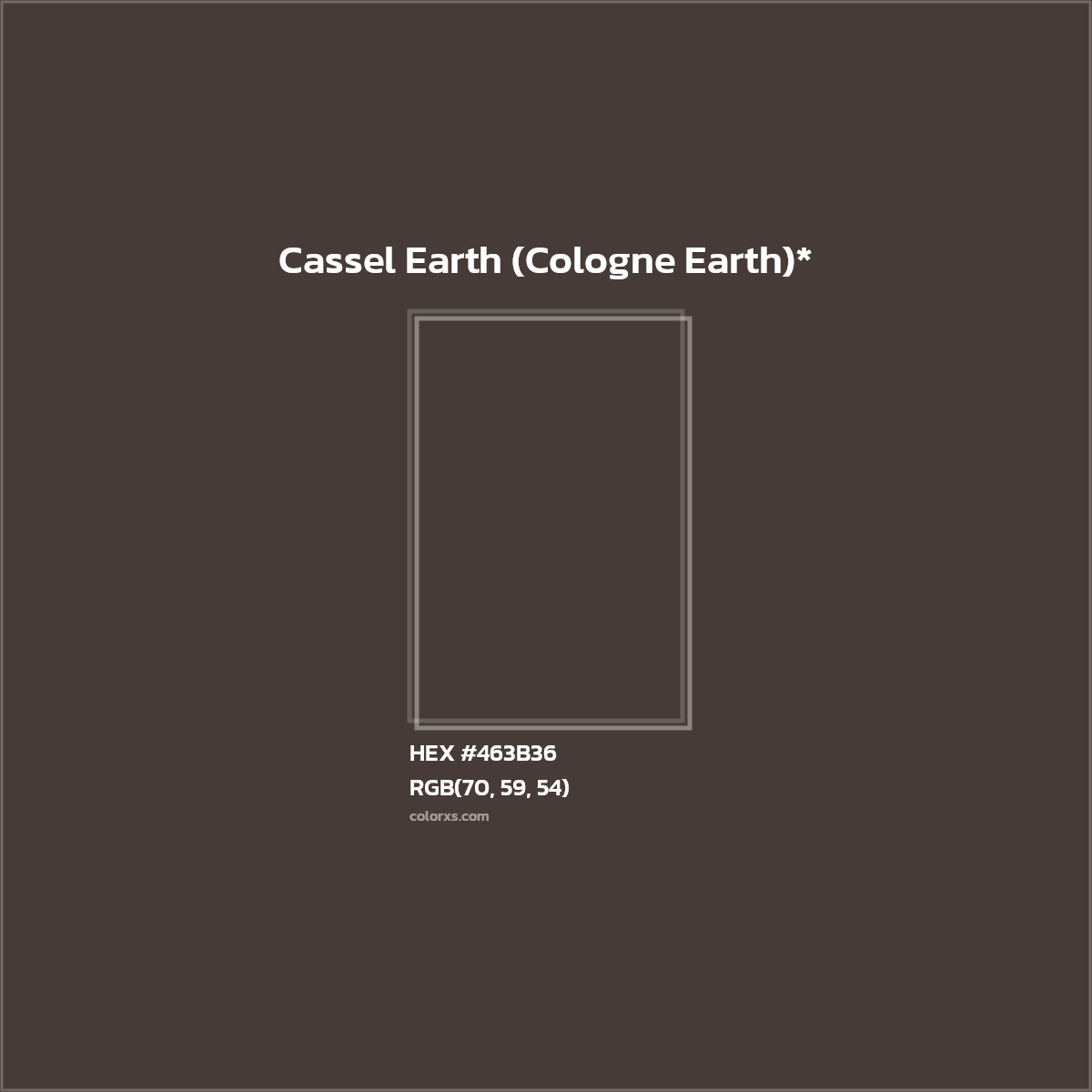 #463B36 hex color. RGB, RYB, CMYK, HSL, HSV codes and color conversions. Matching color names, palettes, paints.