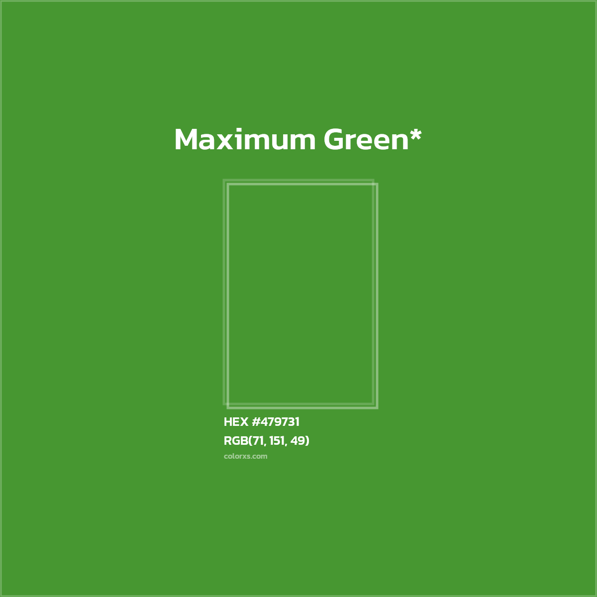 #479731 hex color. RGB, RYB, CMYK, HSL, HSV codes and color conversions. Matching color names, palettes, paints.