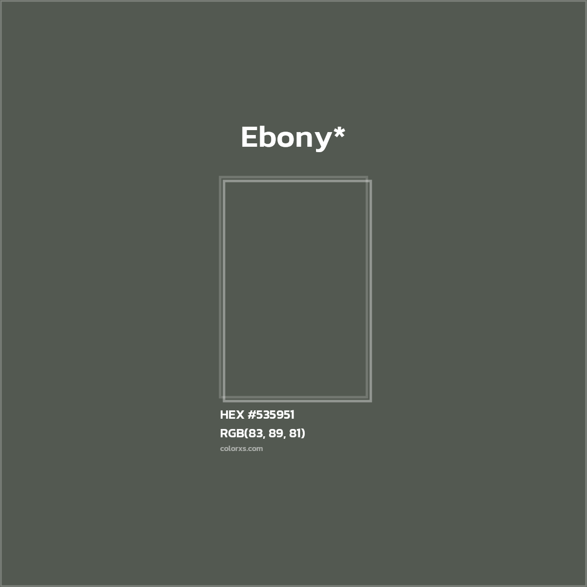 #535951 hex color. RGB, RYB, CMYK, HSL, HSV codes and color conversions. Matching color names, palettes, paints.
