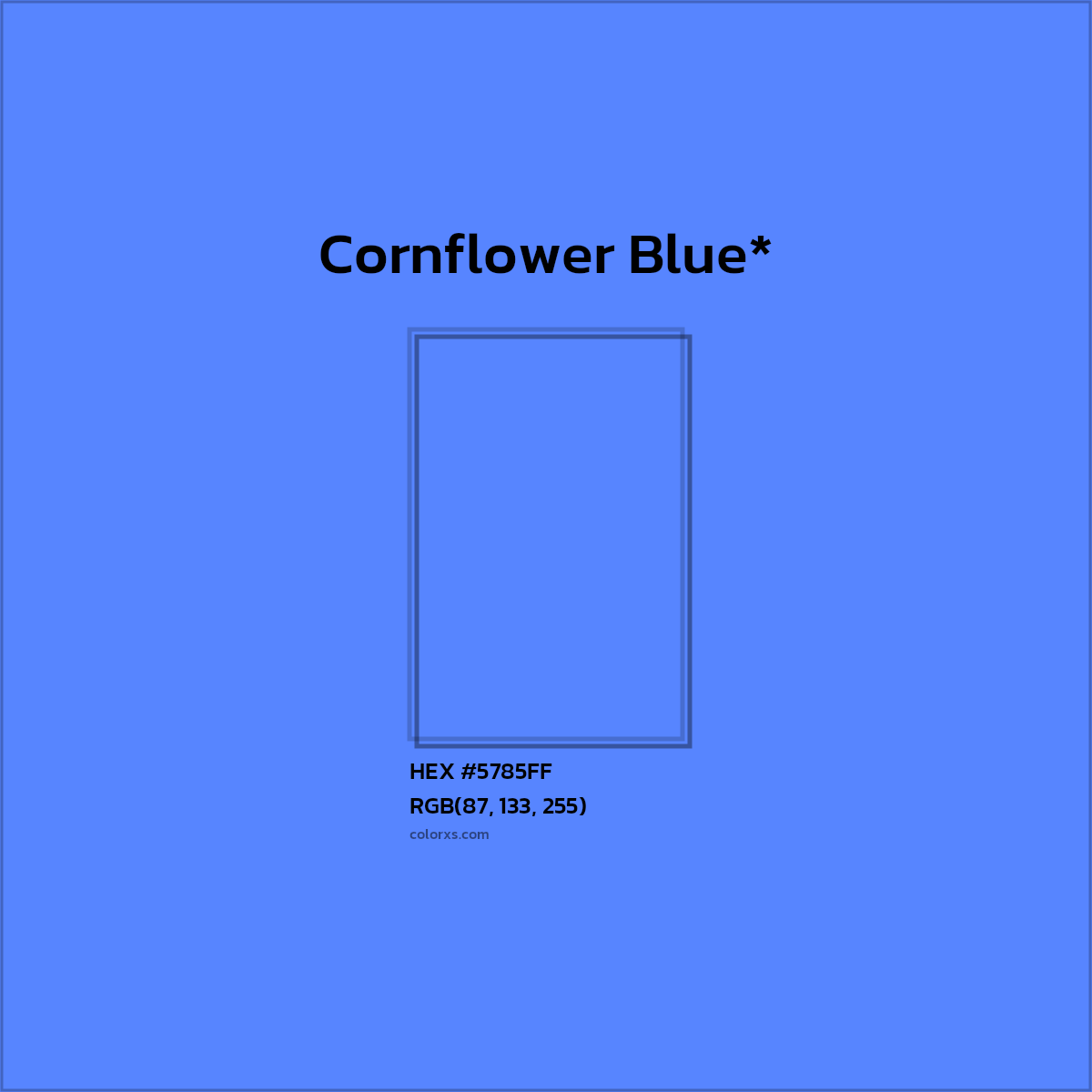 #5785FF hex color. RGB, RYB, CMYK, HSL, HSV codes and color conversions. Matching color names, palettes, paints.