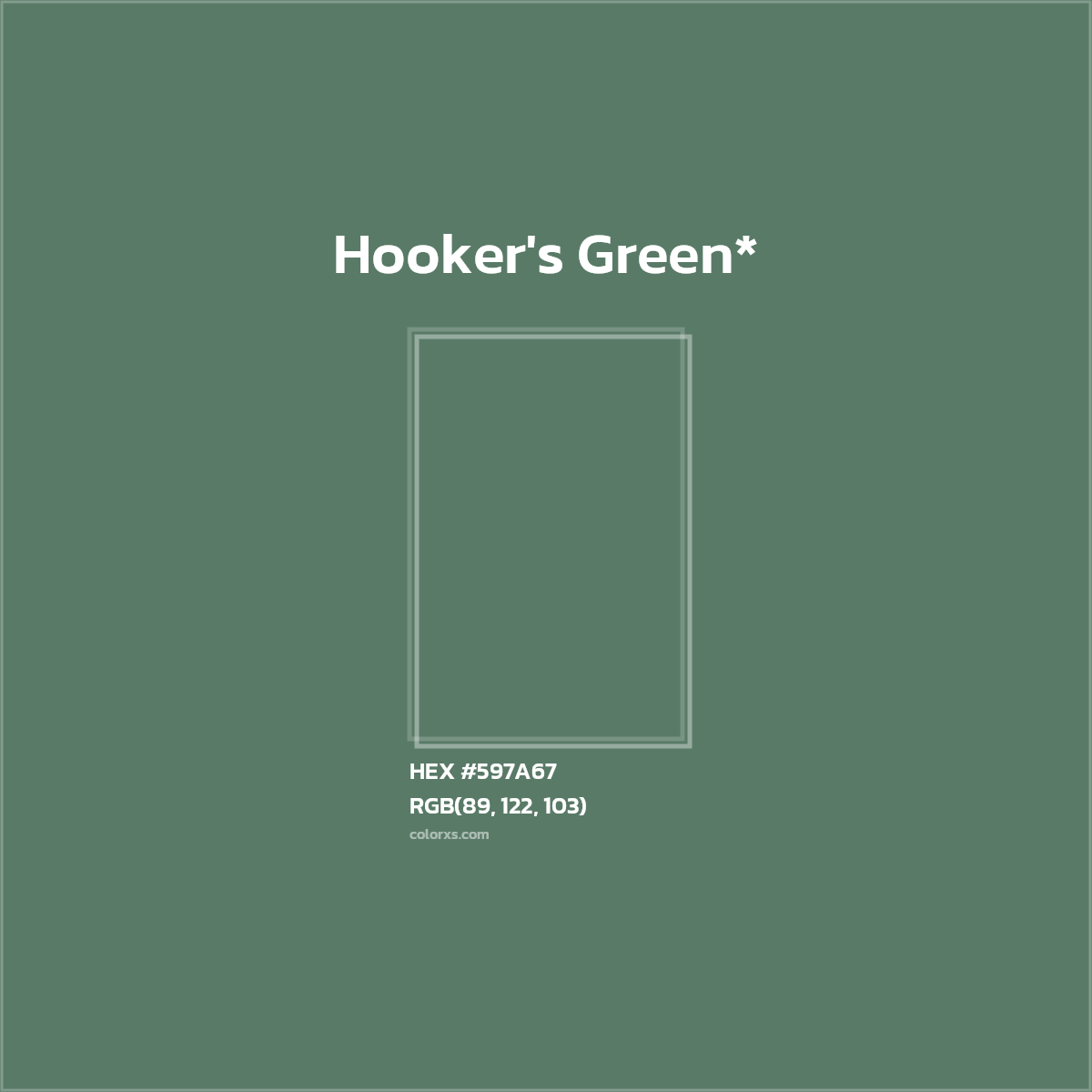 #597A67 hex color. RGB, RYB, CMYK, HSL, HSV codes and color conversions. Matching color names, palettes, paints.