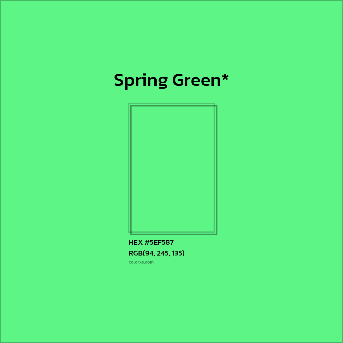 #5EF587 hex color. RGB, RYB, CMYK, HSL, HSV codes and color conversions. Matching color names, palettes, paints.