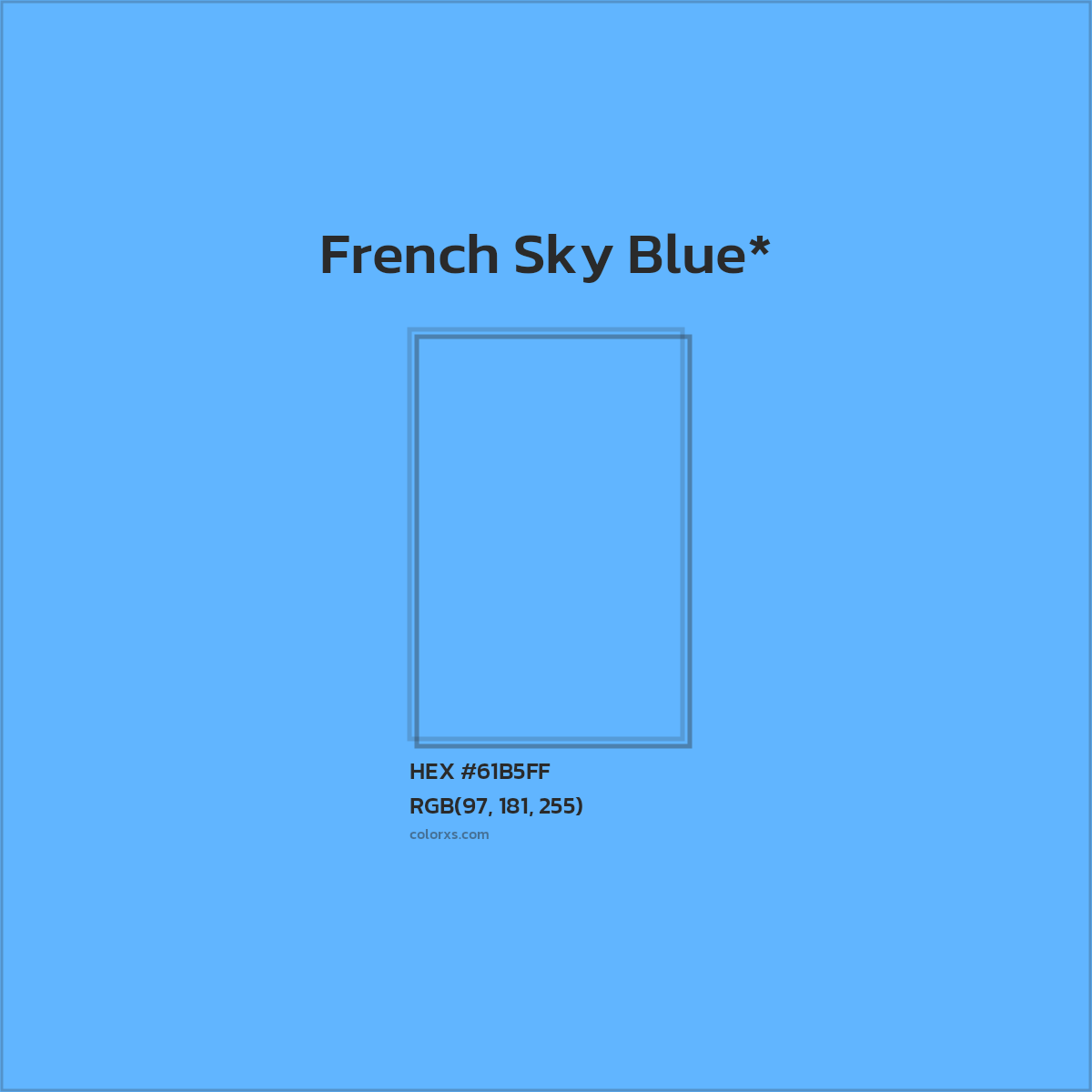 #61B5FF hex color. RGB, RYB, CMYK, HSL, HSV codes and color conversions. Matching color names, palettes, paints.