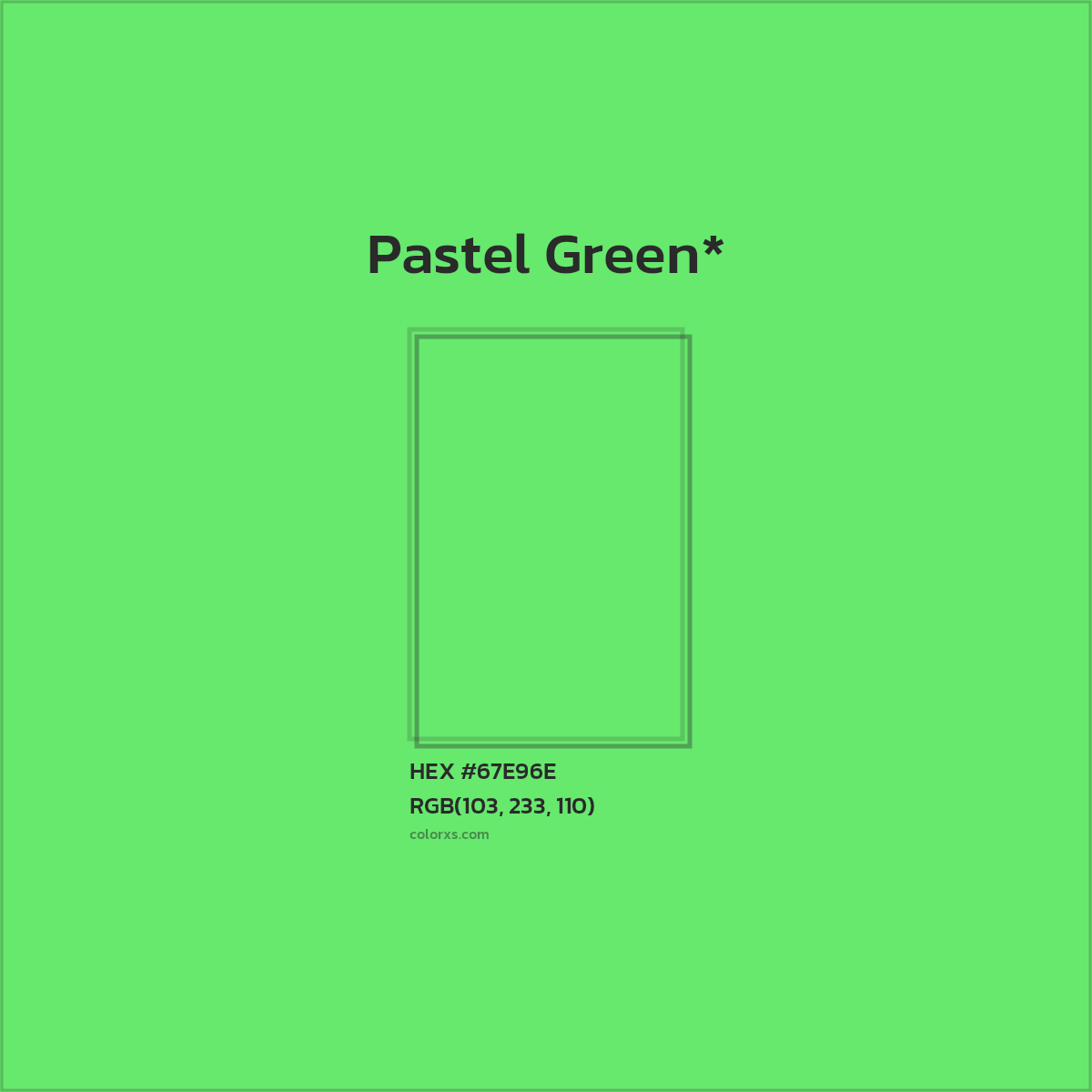 #67E96E hex color. RGB, RYB, CMYK, HSL, HSV codes and color conversions. Matching color names, palettes, paints.