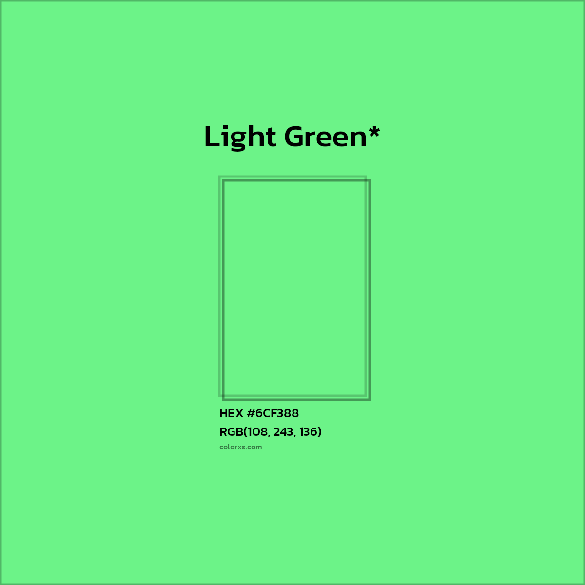 #6CF388 hex color. RGB, RYB, CMYK, HSL, HSV codes and color conversions. Matching color names, palettes, paints.