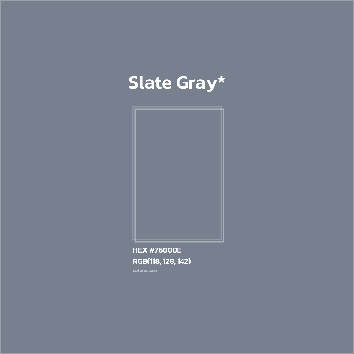 #76808E hex color. RGB, RYB, CMYK, HSL, HSV codes and color conversions. Matching color names, palettes, paints.