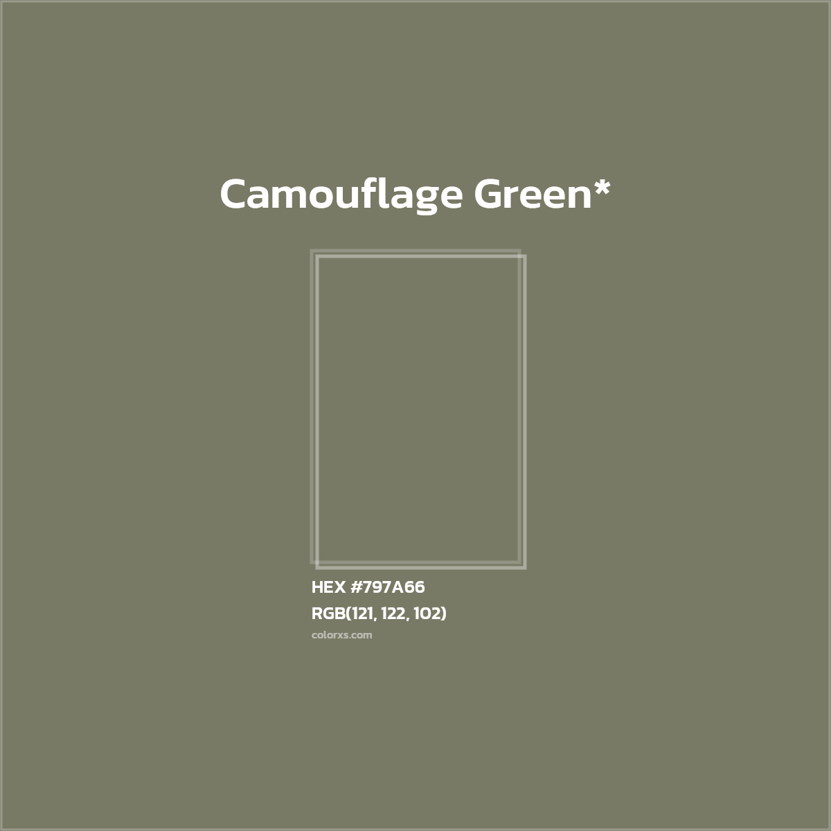 #797A66 hex color. RGB, RYB, CMYK, HSL, HSV codes and color conversions. Matching color names, palettes, paints.