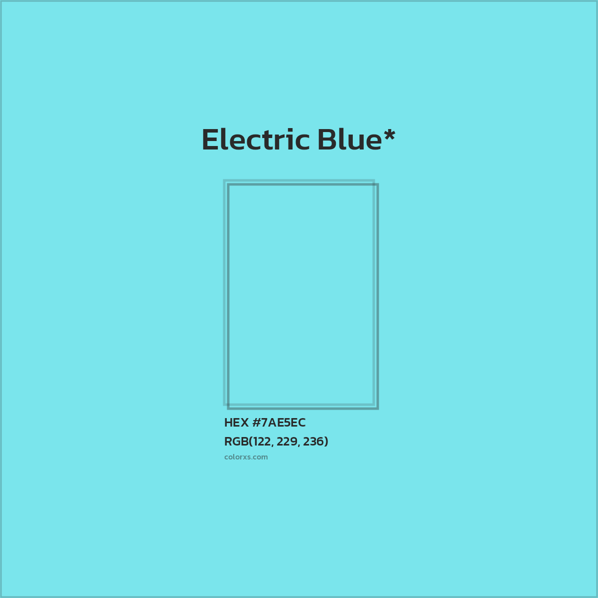 #7AE5EC hex color. RGB, RYB, CMYK, HSL, HSV codes and color conversions. Matching color names, palettes, paints.