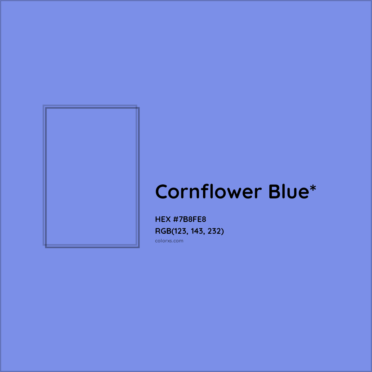 #7B8FE8 hex color. RGB, RYB, CMYK, HSL, HSV codes and color conversions. Matching color names, palettes, paints.