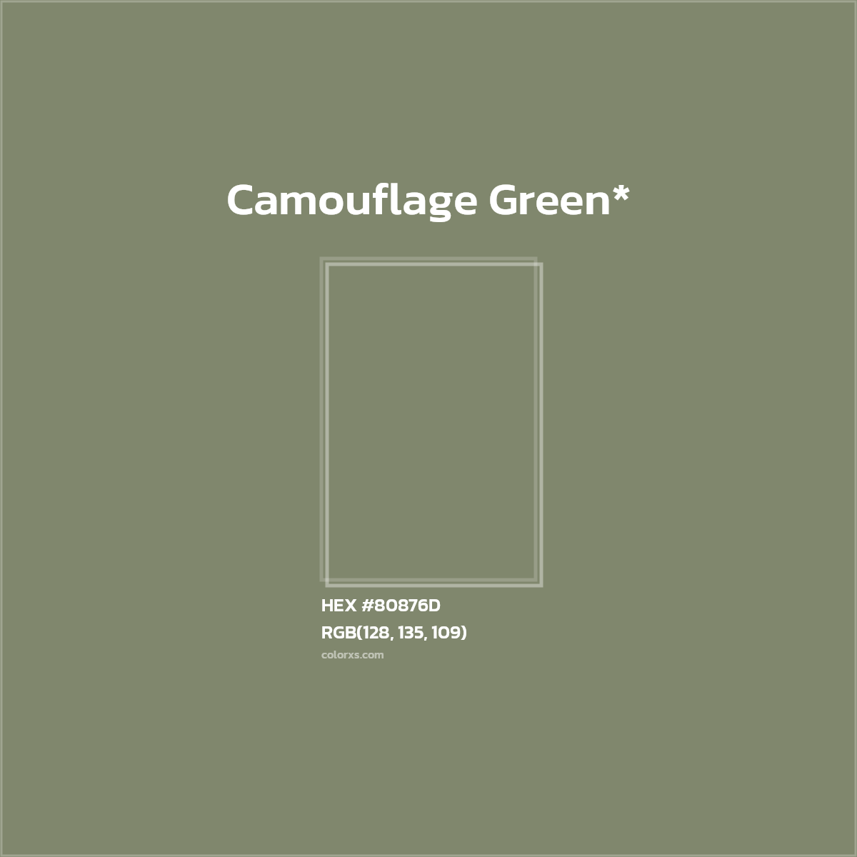 #80876D hex color. RGB, RYB, CMYK, HSL, HSV codes and color conversions. Matching color names, palettes, paints.