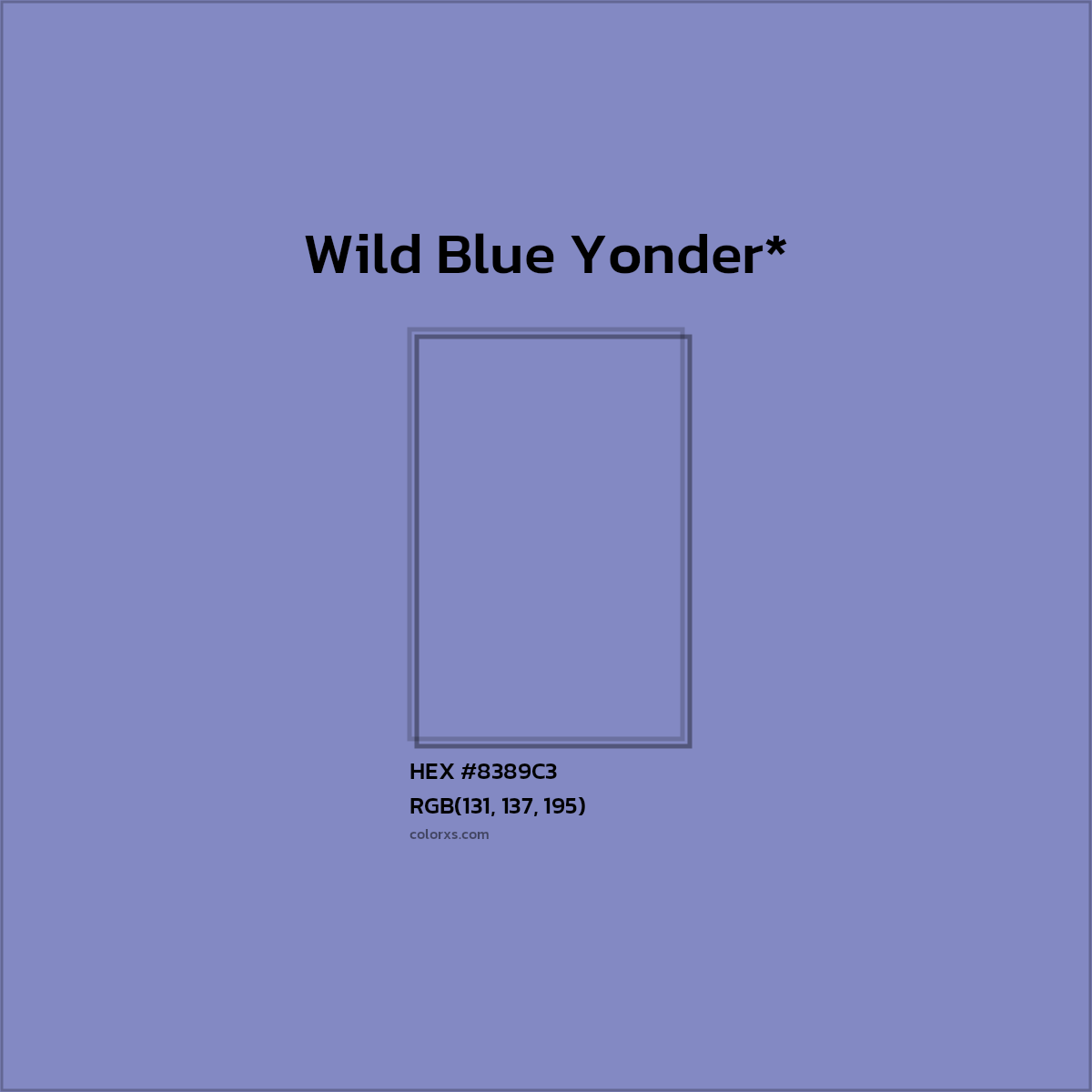 #8389C3 hex color. RGB, RYB, CMYK, HSL, HSV codes and color conversions. Matching color names, palettes, paints.
