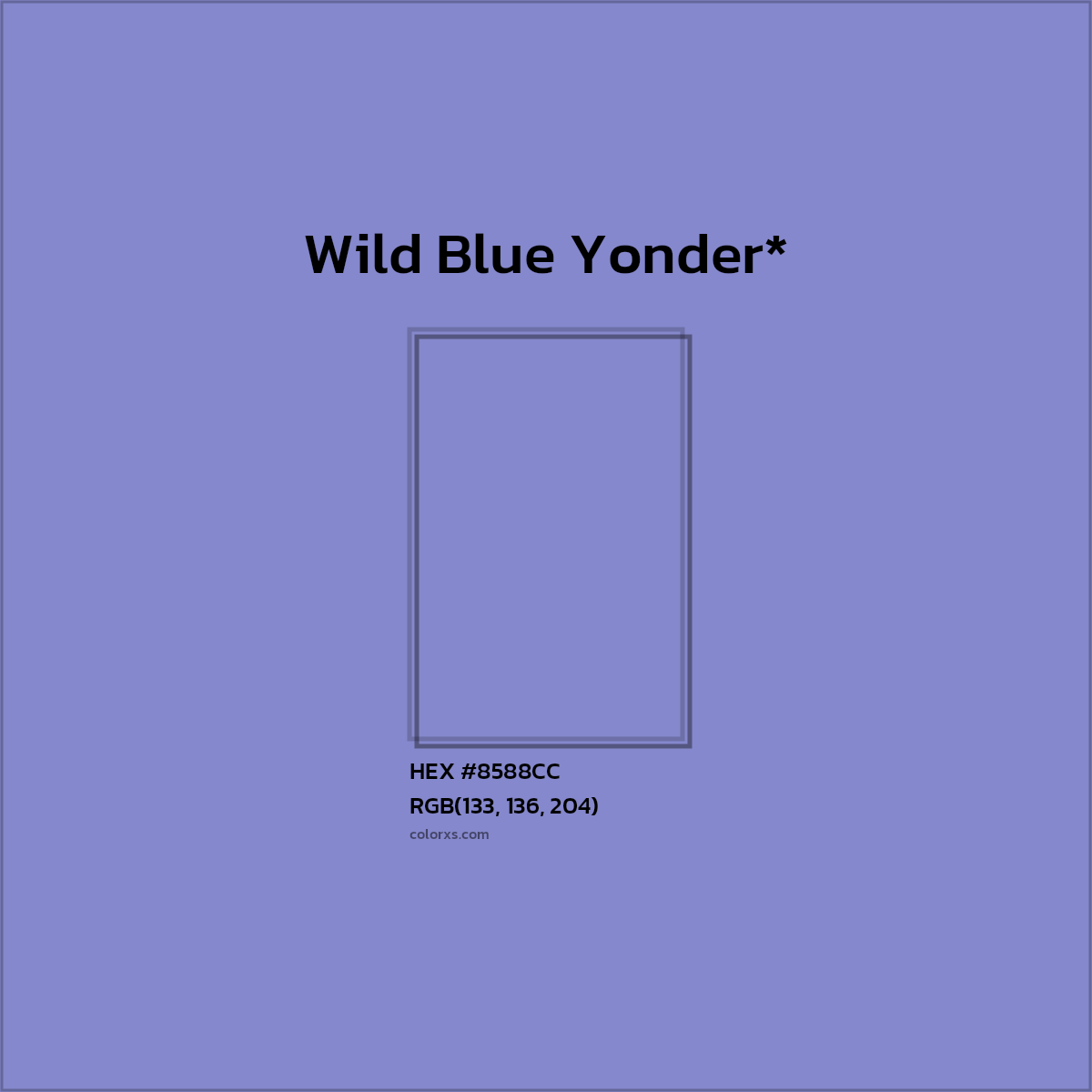 #8588CC hex color. RGB, RYB, CMYK, HSL, HSV codes and color conversions. Matching color names, palettes, paints.