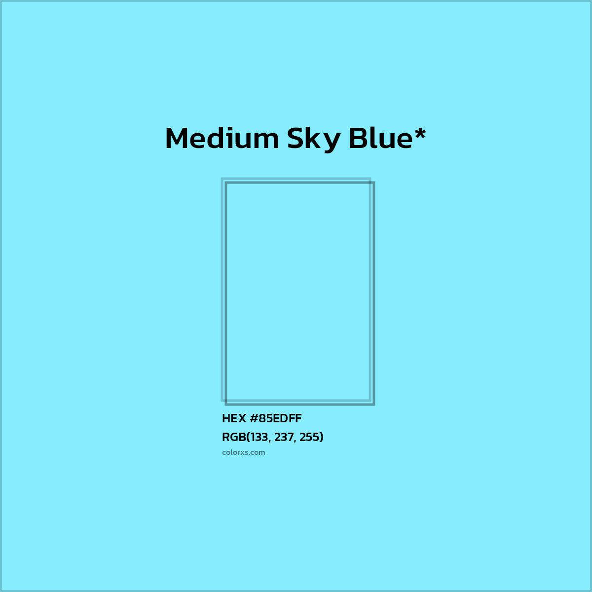 #85EDFF hex color. RGB, RYB, CMYK, HSL, HSV codes and color conversions. Matching color names, palettes, paints.