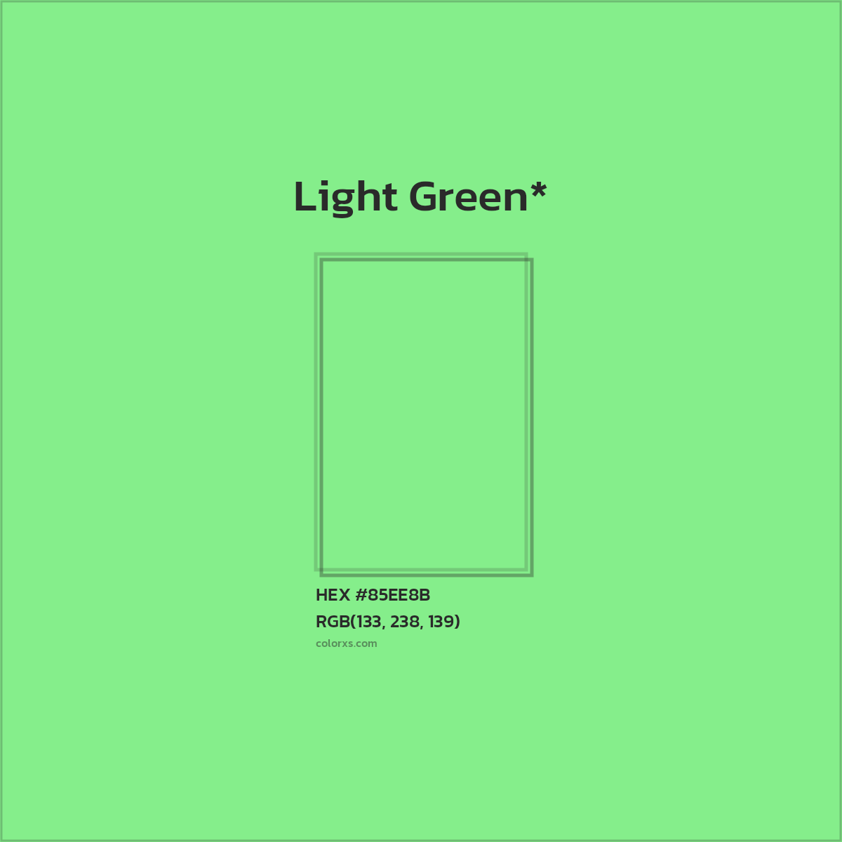 #85EE8B hex color. RGB, RYB, CMYK, HSL, HSV codes and color conversions. Matching color names, palettes, paints.