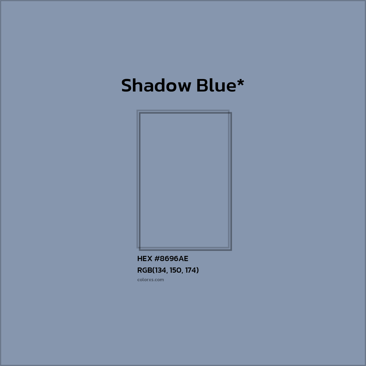 #8696AE hex color. RGB, RYB, CMYK, HSL, HSV codes and color conversions. Matching color names, palettes, paints.