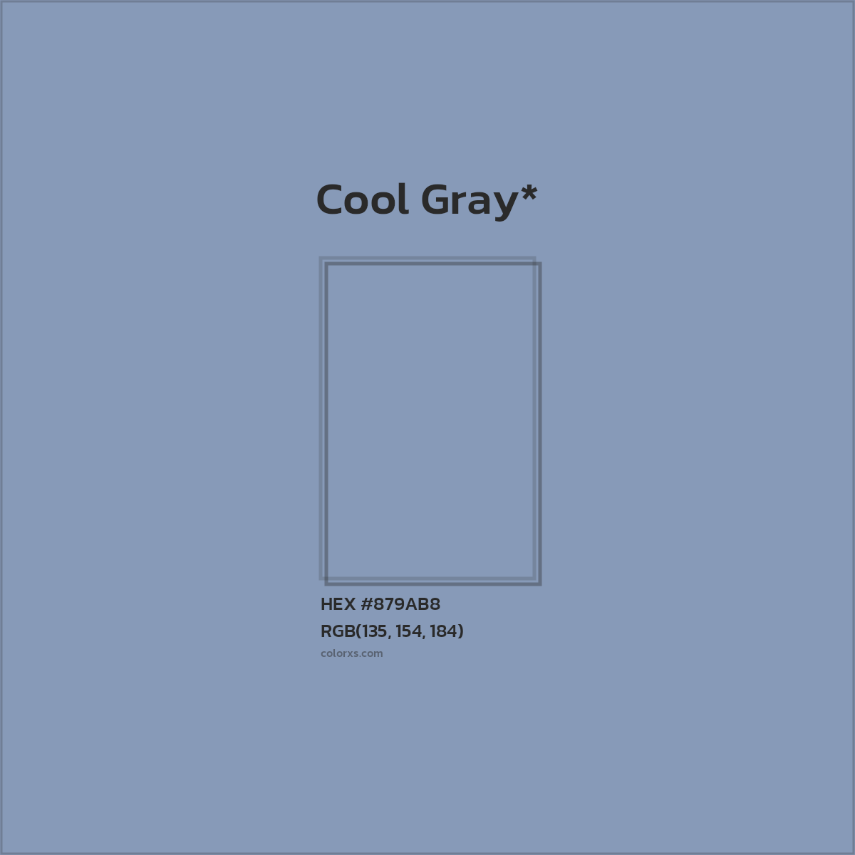 #879AB8 hex color. RGB, RYB, CMYK, HSL, HSV codes and color conversions. Matching color names, palettes, paints.