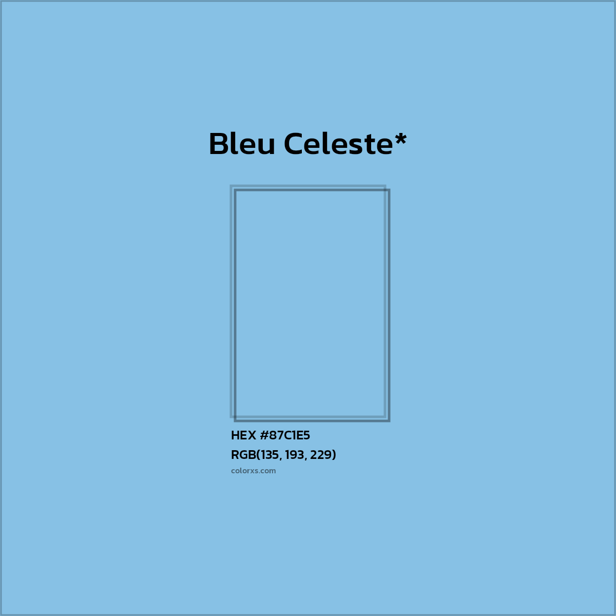 #87C1E5 hex color. RGB, RYB, CMYK, HSL, HSV codes and color conversions. Matching color names, palettes, paints.
