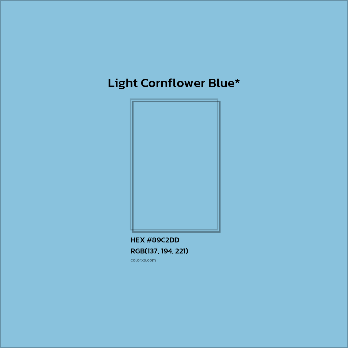 #89C2DD hex color. RGB, RYB, CMYK, HSL, HSV codes and color conversions. Matching color names, palettes, paints.
