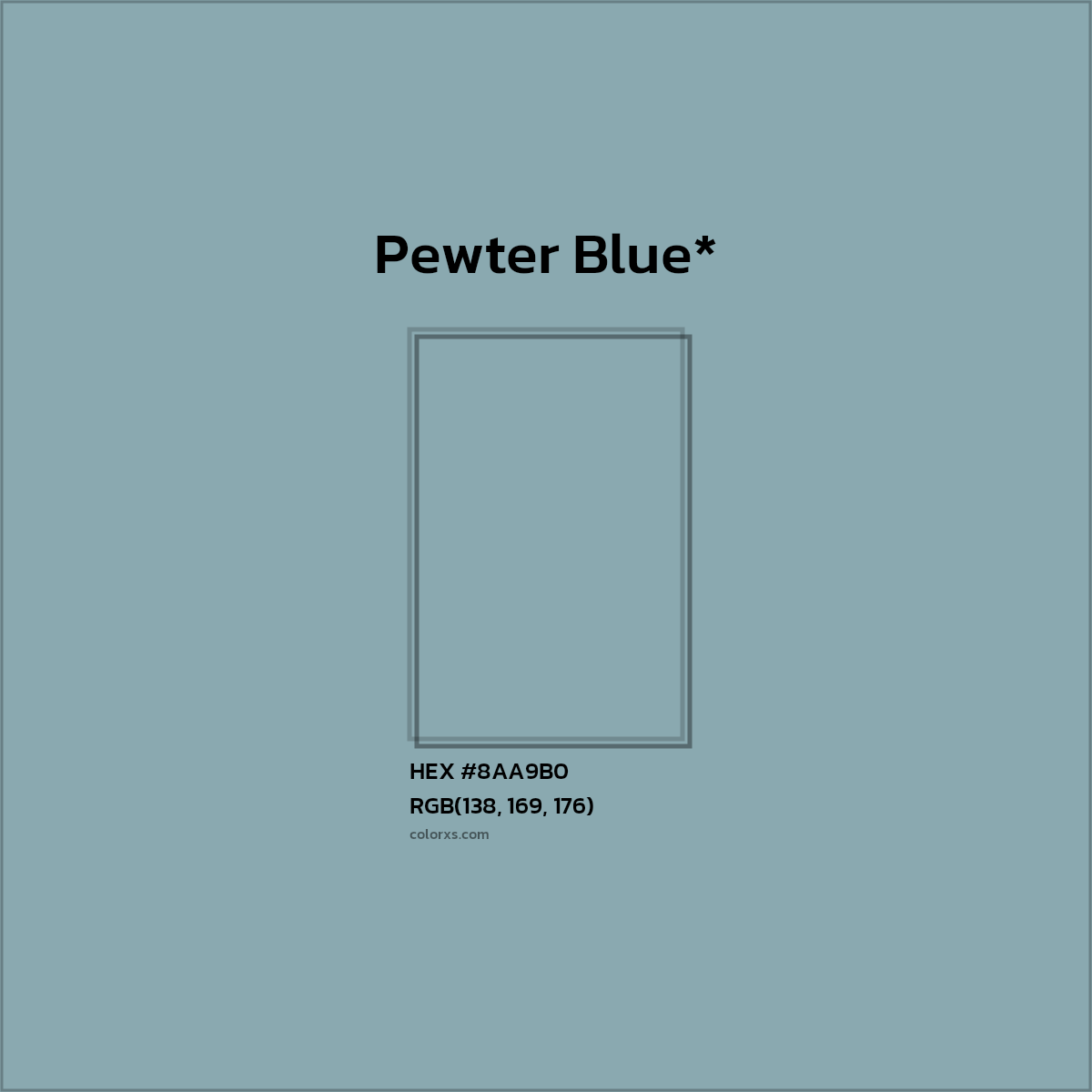 #8AA9B0 hex color. RGB, RYB, CMYK, HSL, HSV codes and color conversions. Matching color names, palettes, paints.