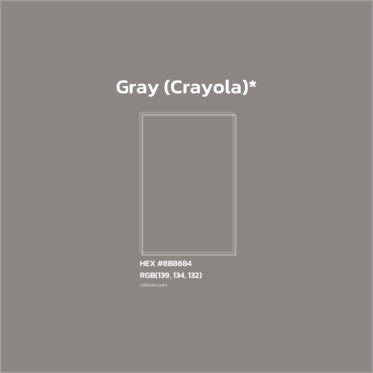 #8B8684 hex color. RGB, RYB, CMYK, HSL, HSV codes and color conversions. Matching color names, palettes, paints.