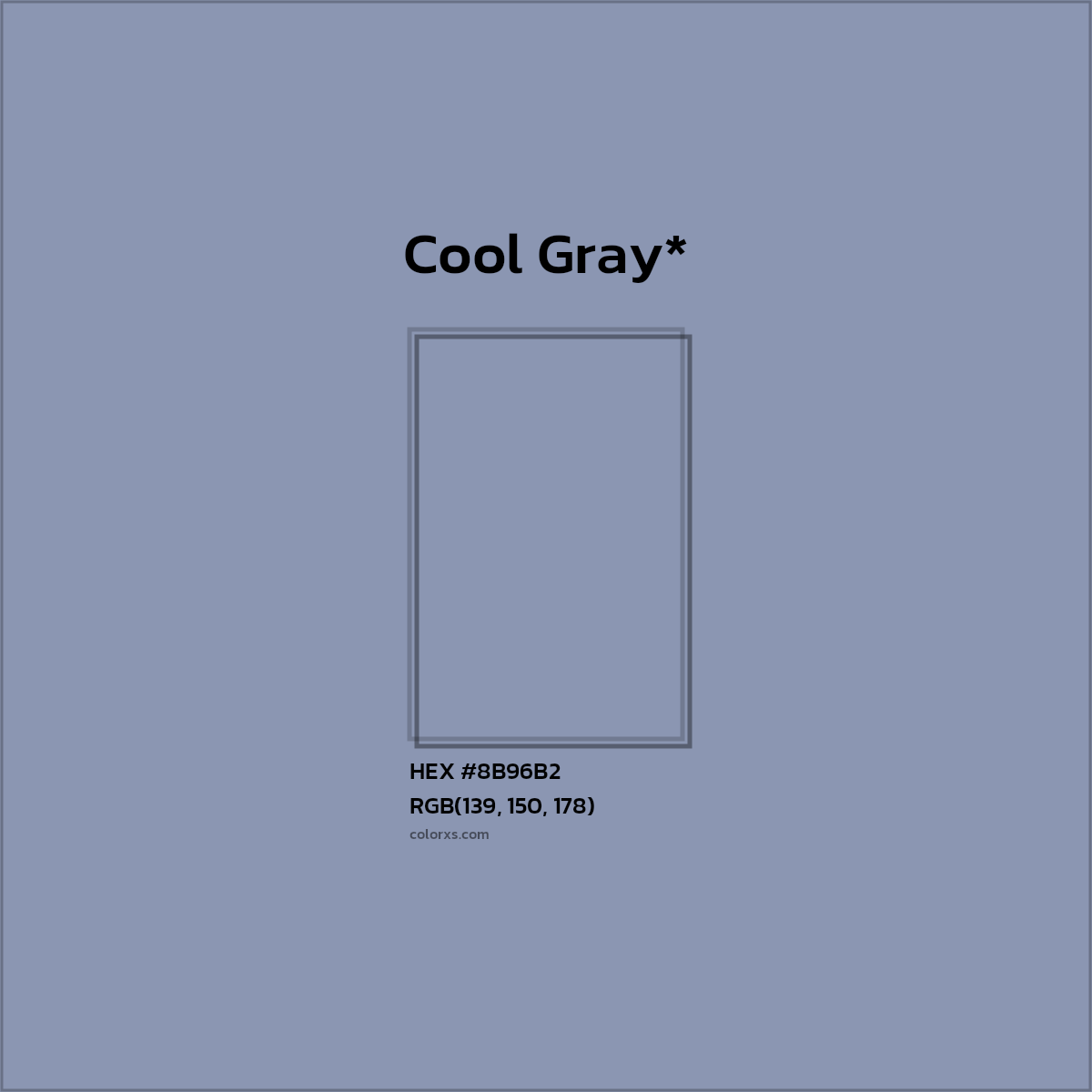 #8B96B2 hex color. RGB, RYB, CMYK, HSL, HSV codes and color conversions. Matching color names, palettes, paints.