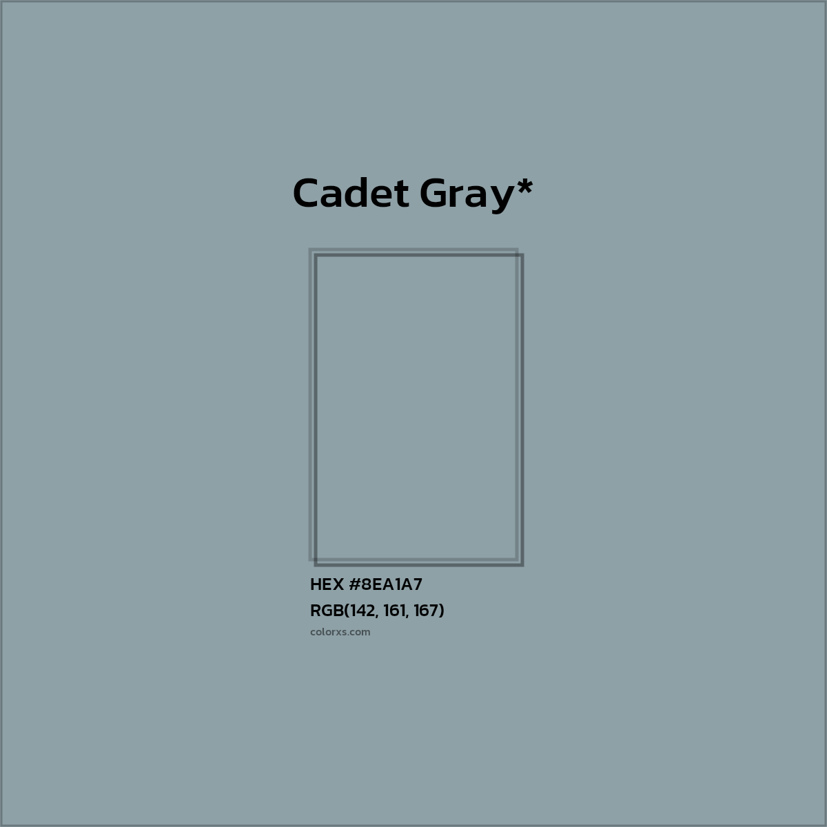 #8EA1A7 hex color. RGB, RYB, CMYK, HSL, HSV codes and color conversions. Matching color names, palettes, paints.