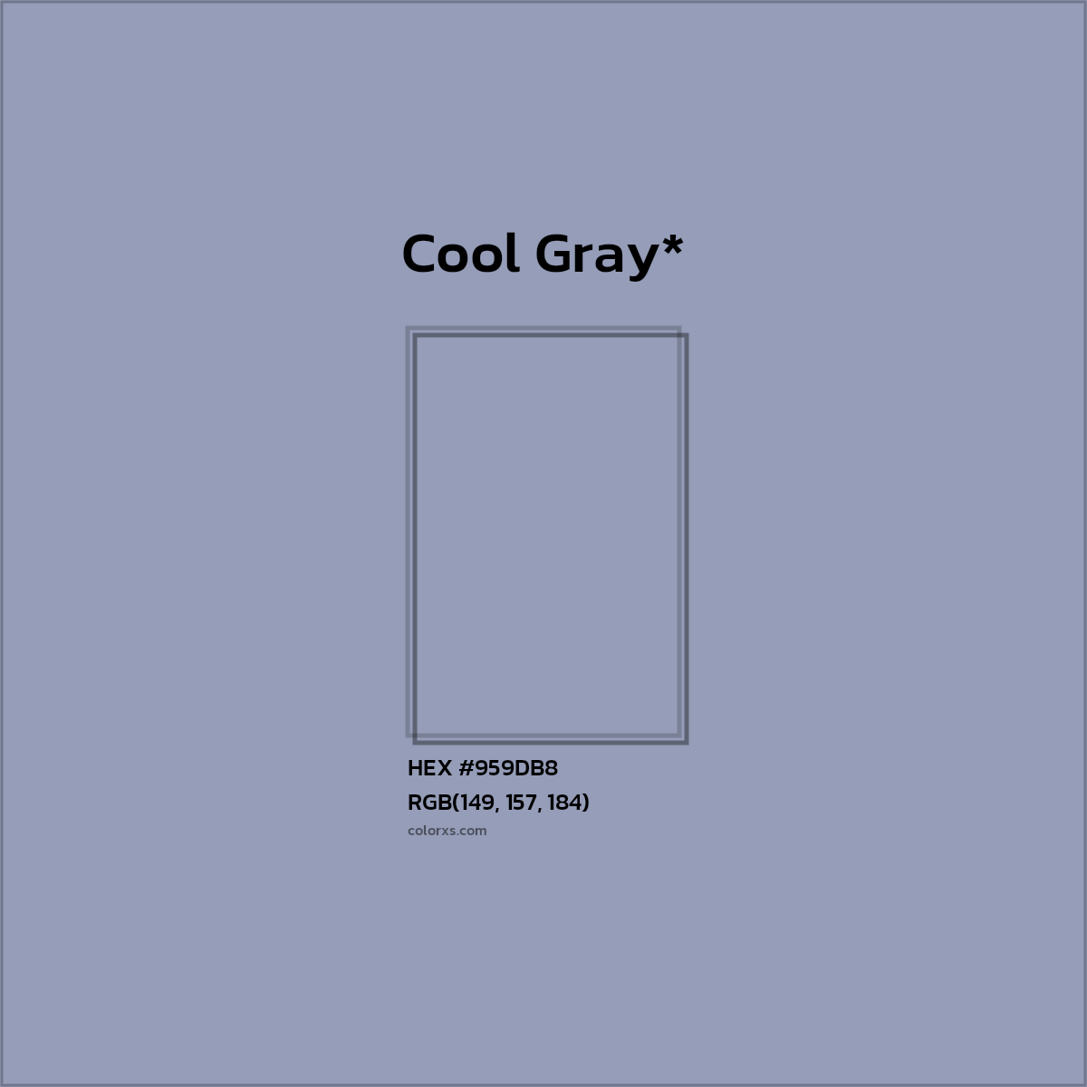 #959DB8 hex color. RGB, RYB, CMYK, HSL, HSV codes and color conversions. Matching color names, palettes, paints.