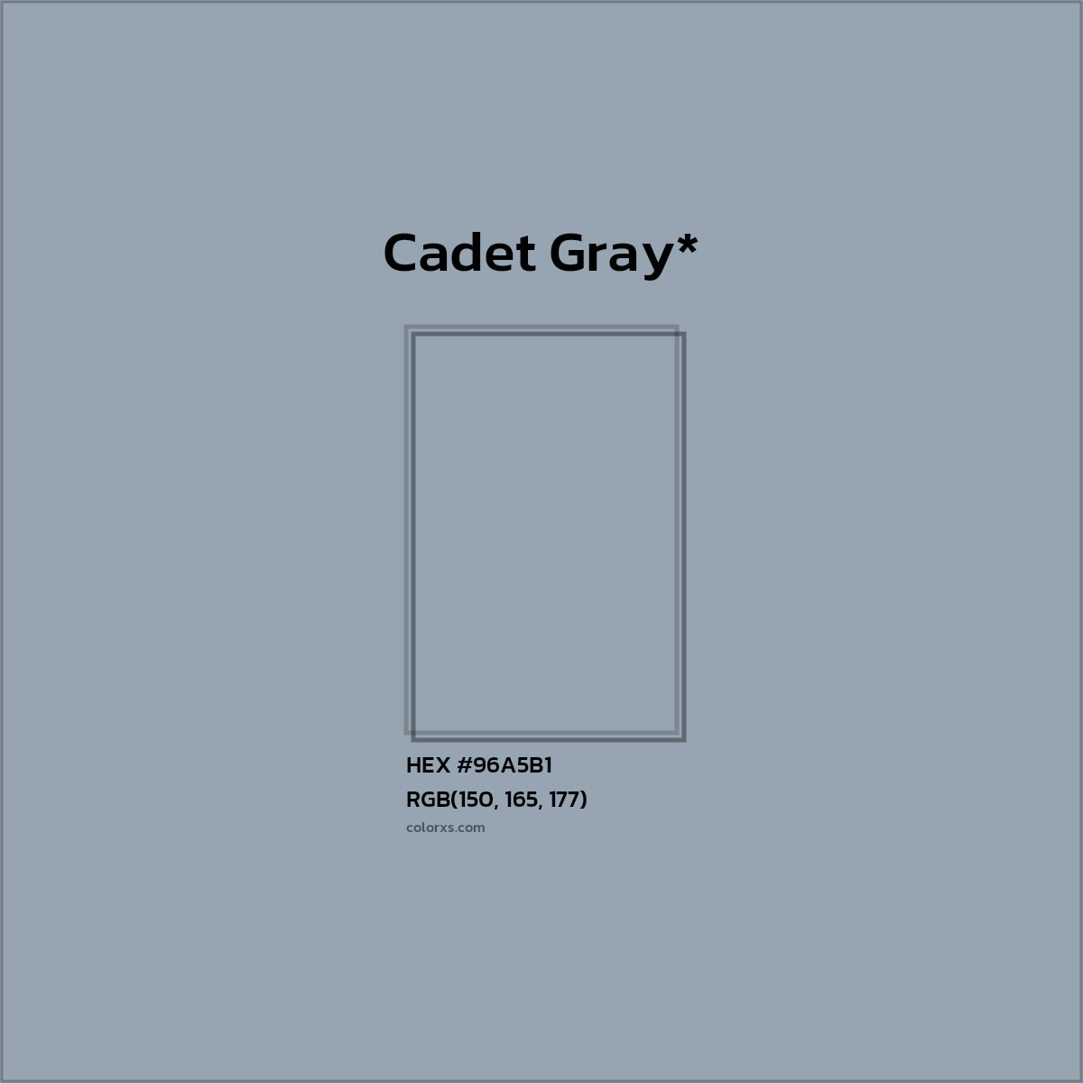 #96A5B1 hex color. RGB, RYB, CMYK, HSL, HSV codes and color conversions. Matching color names, palettes, paints.