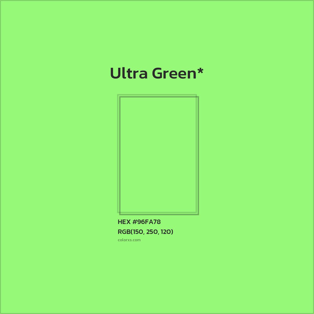 #96FA78 hex color. RGB, RYB, CMYK, HSL, HSV codes and color conversions. Matching color names, palettes, paints.