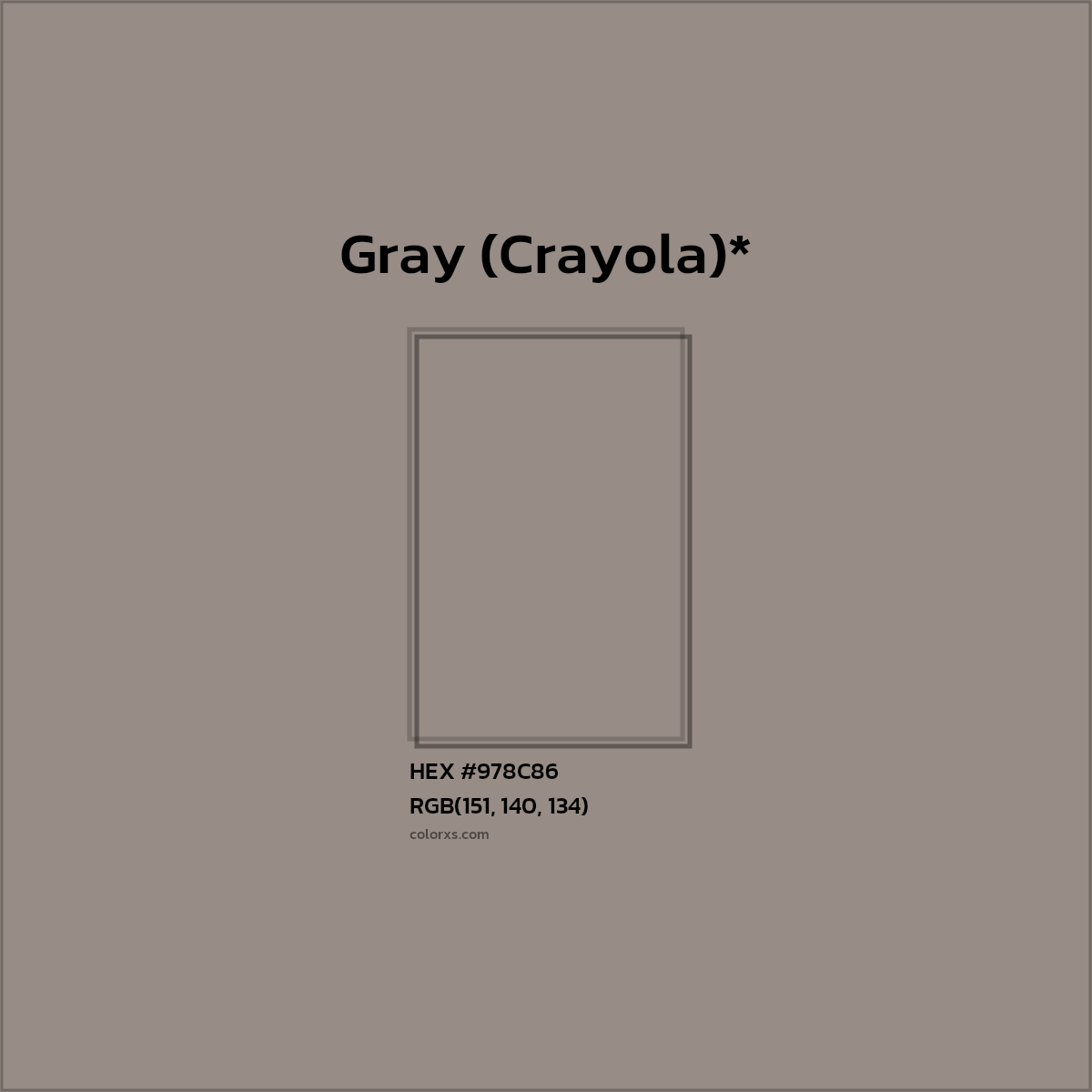 #978C86 hex color. RGB, RYB, CMYK, HSL, HSV codes and color conversions. Matching color names, palettes, paints.