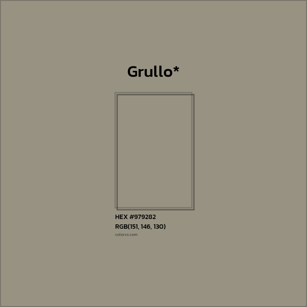#979282 hex color. RGB, RYB, CMYK, HSL, HSV codes and color conversions. Matching color names, palettes, paints.