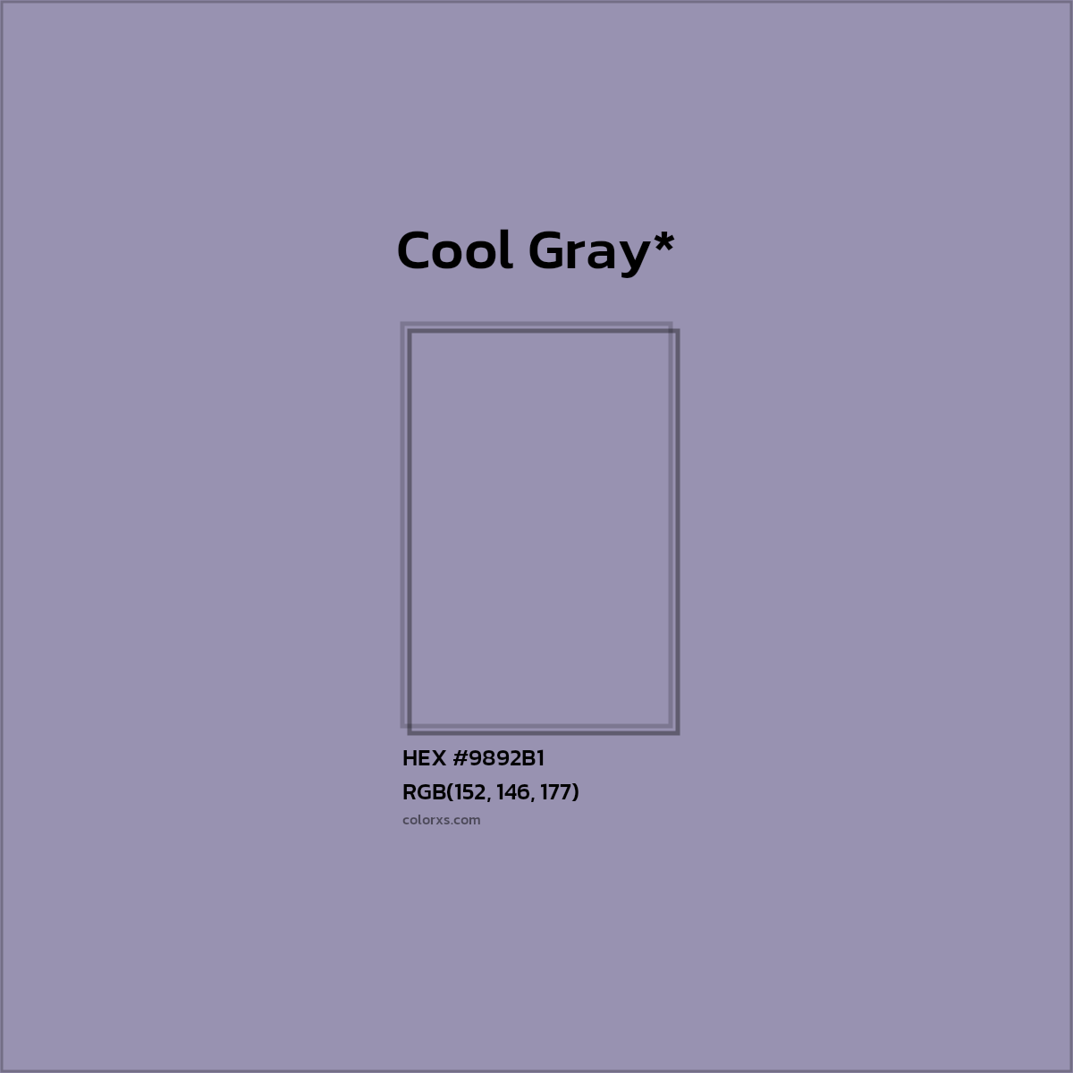 #9892B1 hex color. RGB, RYB, CMYK, HSL, HSV codes and color conversions. Matching color names, palettes, paints.