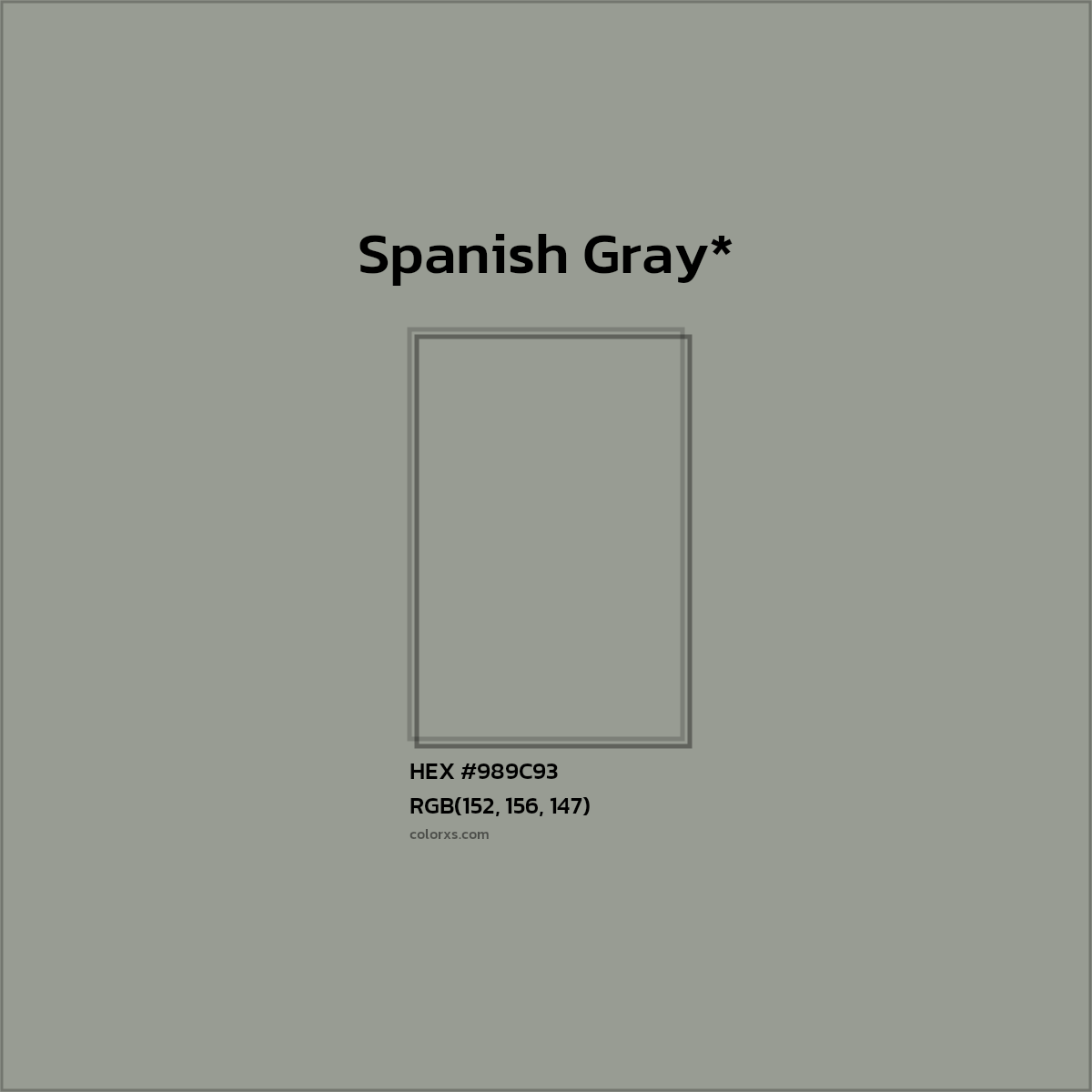 #989C93 hex color. RGB, RYB, CMYK, HSL, HSV codes and color conversions. Matching color names, palettes, paints.