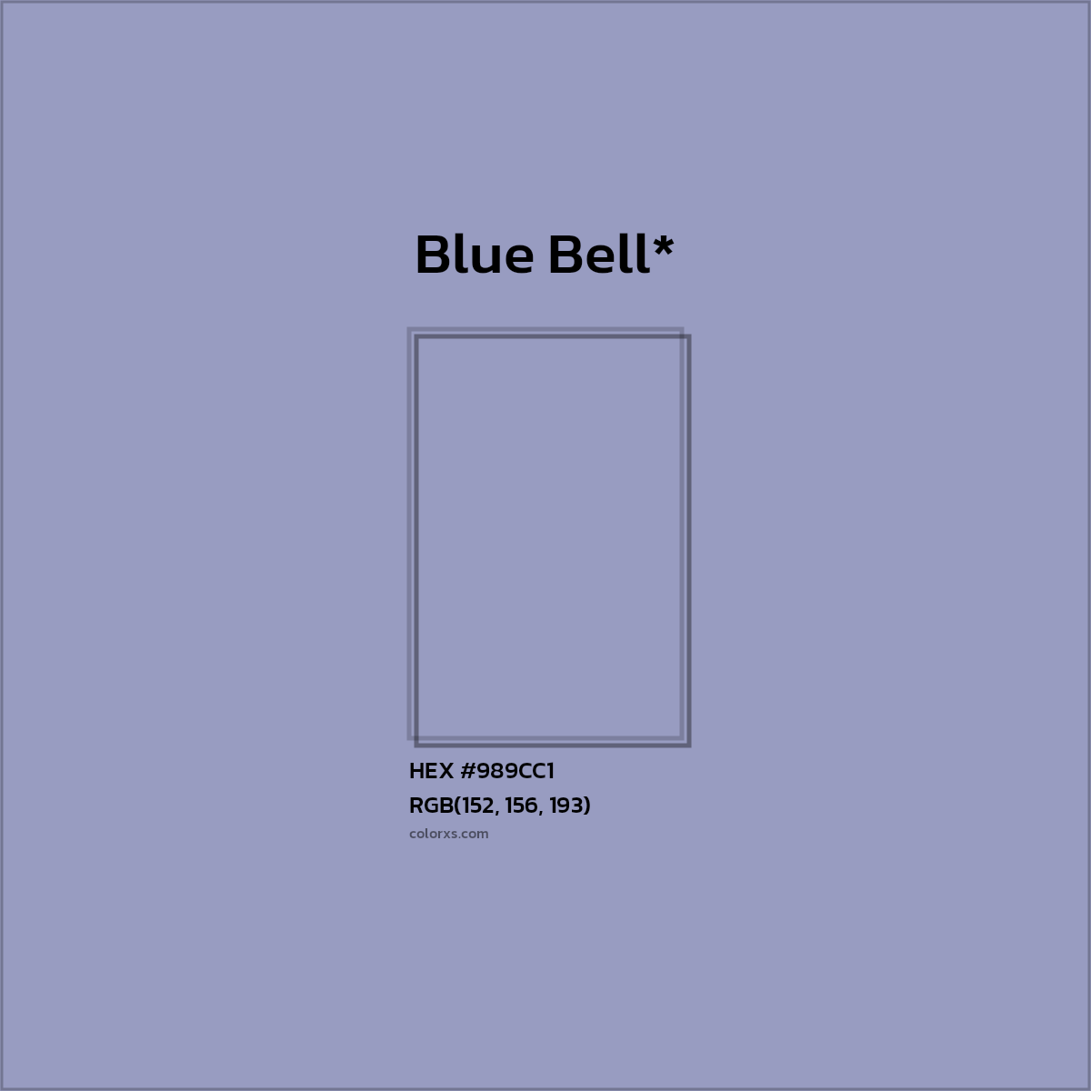 #989CC1 hex color. RGB, RYB, CMYK, HSL, HSV codes and color conversions. Matching color names, palettes, paints.