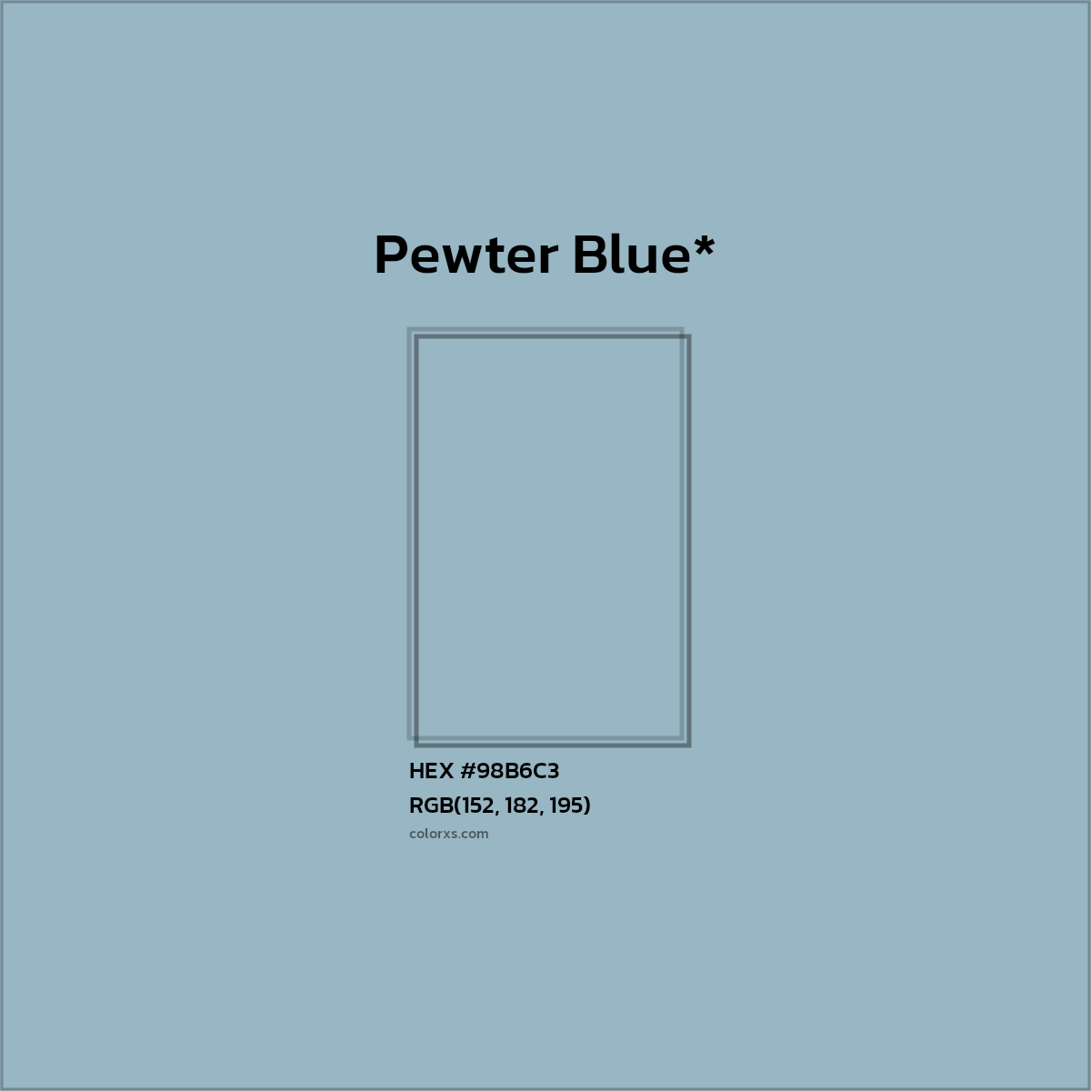 #98B6C3 hex color. RGB, RYB, CMYK, HSL, HSV codes and color conversions. Matching color names, palettes, paints.