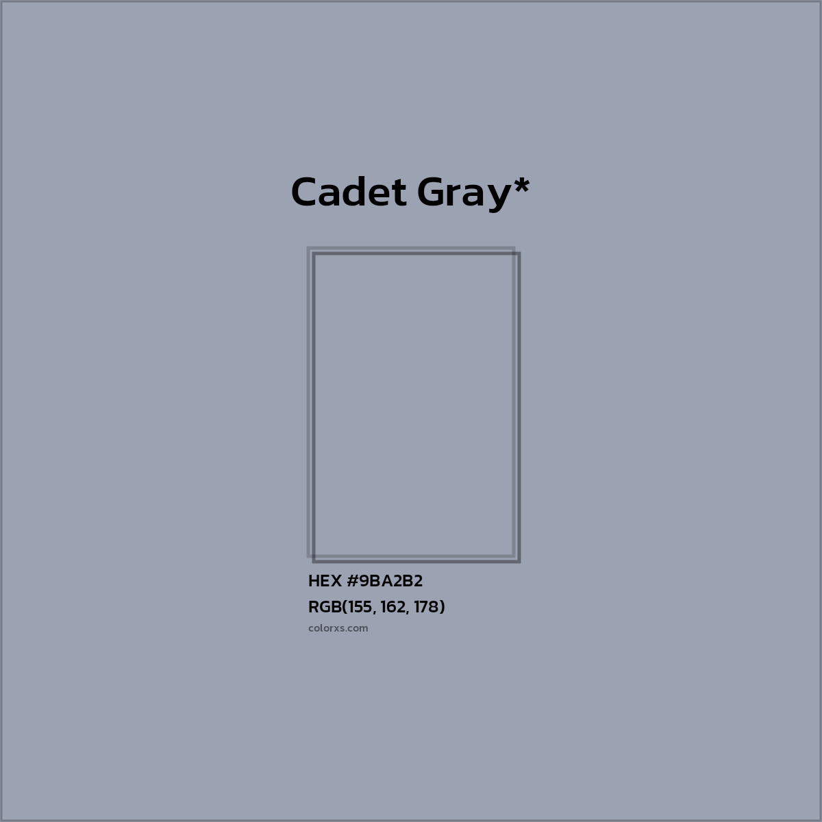 #9BA2B2 hex color. RGB, RYB, CMYK, HSL, HSV codes and color conversions. Matching color names, palettes, paints.