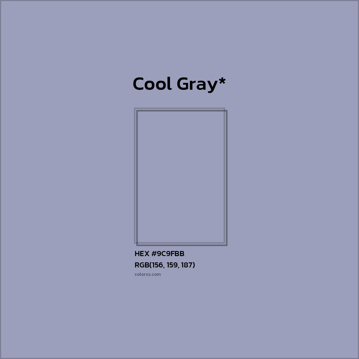 #9C9FBB hex color. RGB, RYB, CMYK, HSL, HSV codes and color conversions. Matching color names, palettes, paints.