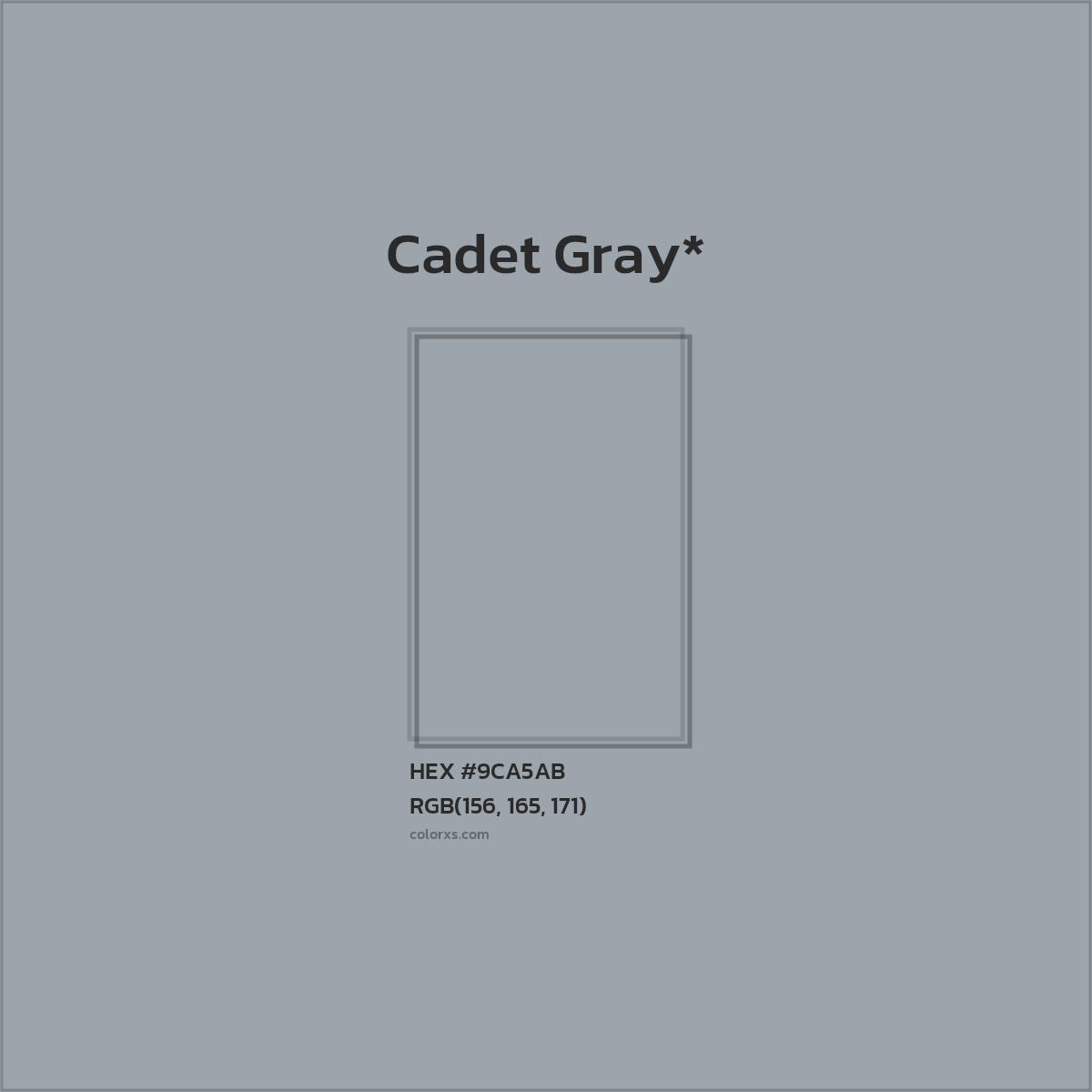 #9CA5AB hex color. RGB, RYB, CMYK, HSL, HSV codes and color conversions. Matching color names, palettes, paints.
