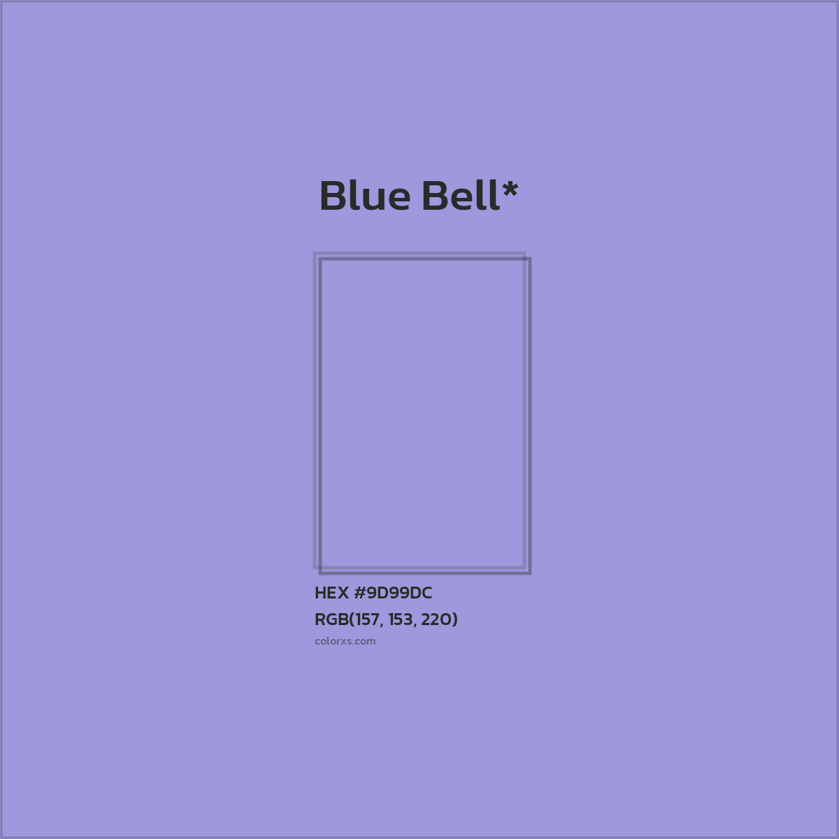 #9D99DC hex color. RGB, RYB, CMYK, HSL, HSV codes and color conversions. Matching color names, palettes, paints.