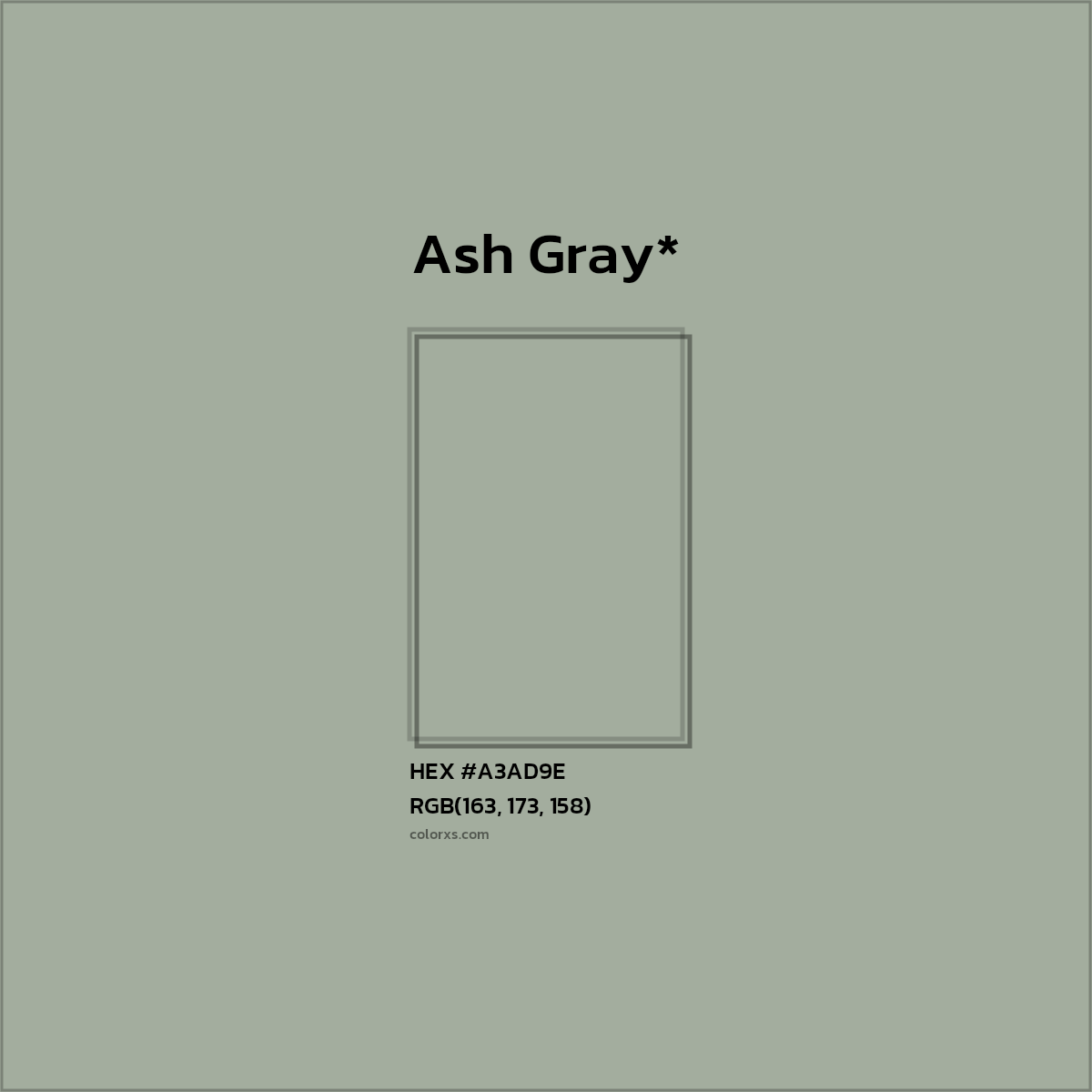 #A3AD9E hex color. RGB, RYB, CMYK, HSL, HSV codes and color conversions. Matching color names, palettes, paints.