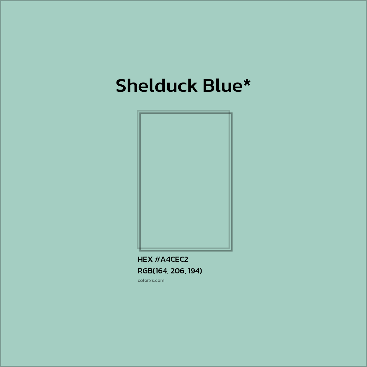 #A4CEC2 hex color. RGB, RYB, CMYK, HSL, HSV codes and color conversions. Matching color names, palettes, paints.