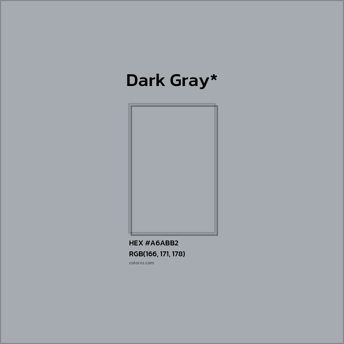 #A6ABB2 hex color. RGB, RYB, CMYK, HSL, HSV codes and color conversions. Matching color names, palettes, paints.